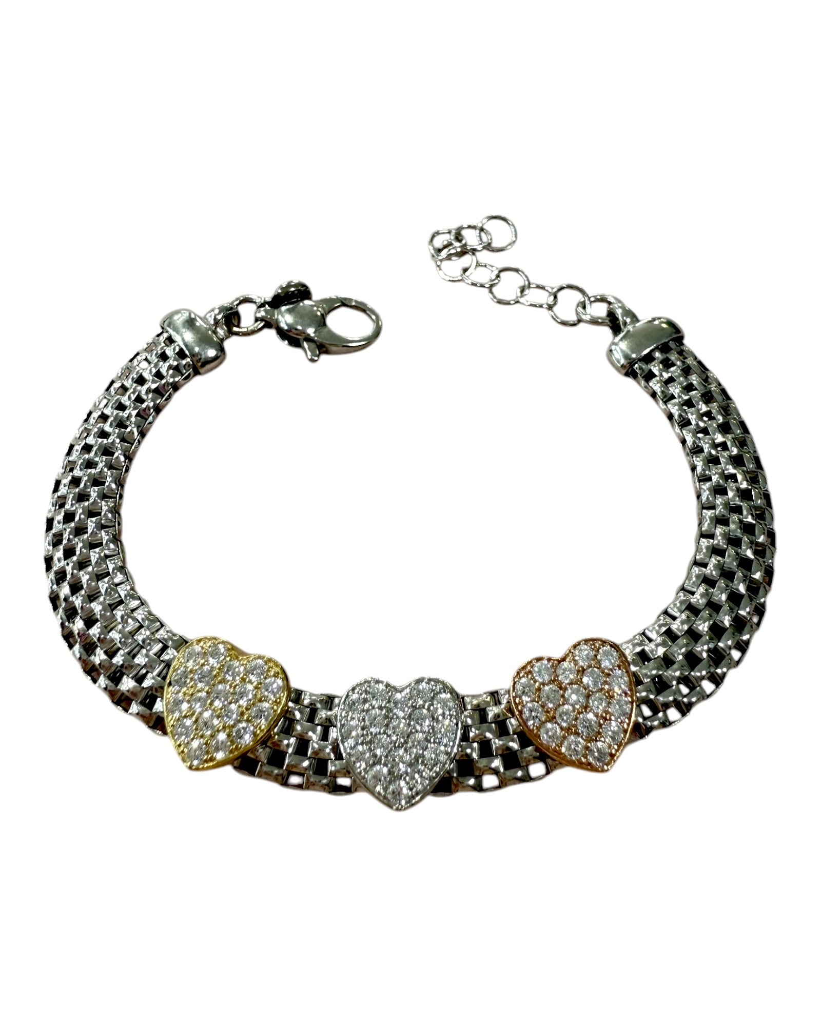 Pulseira em Prata com Corações em Prata Branca, Rosa e Dourada