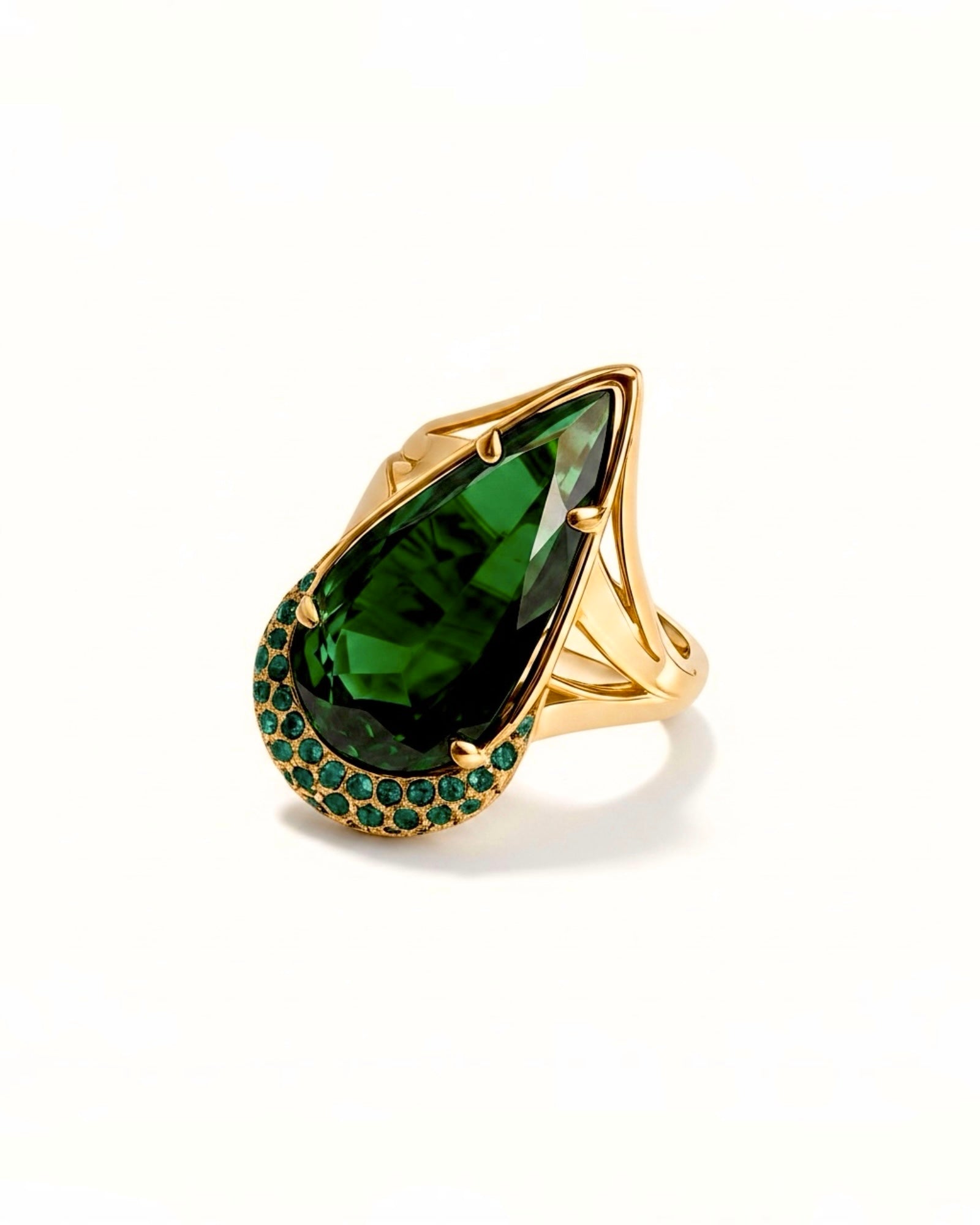 Anel Gota Verde em Prata Dourada