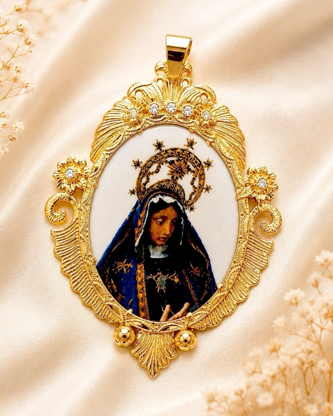 Medalha Nossa Senhora da Agonia em Prata Dourada com Esmalte