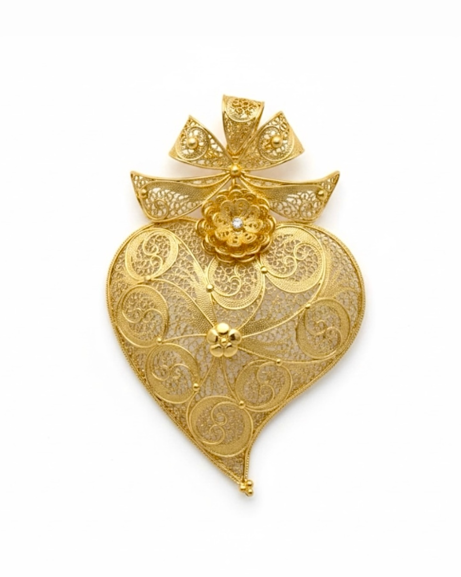 Medalha Coração de Viana com Laço em Prata Dourada - 8cm