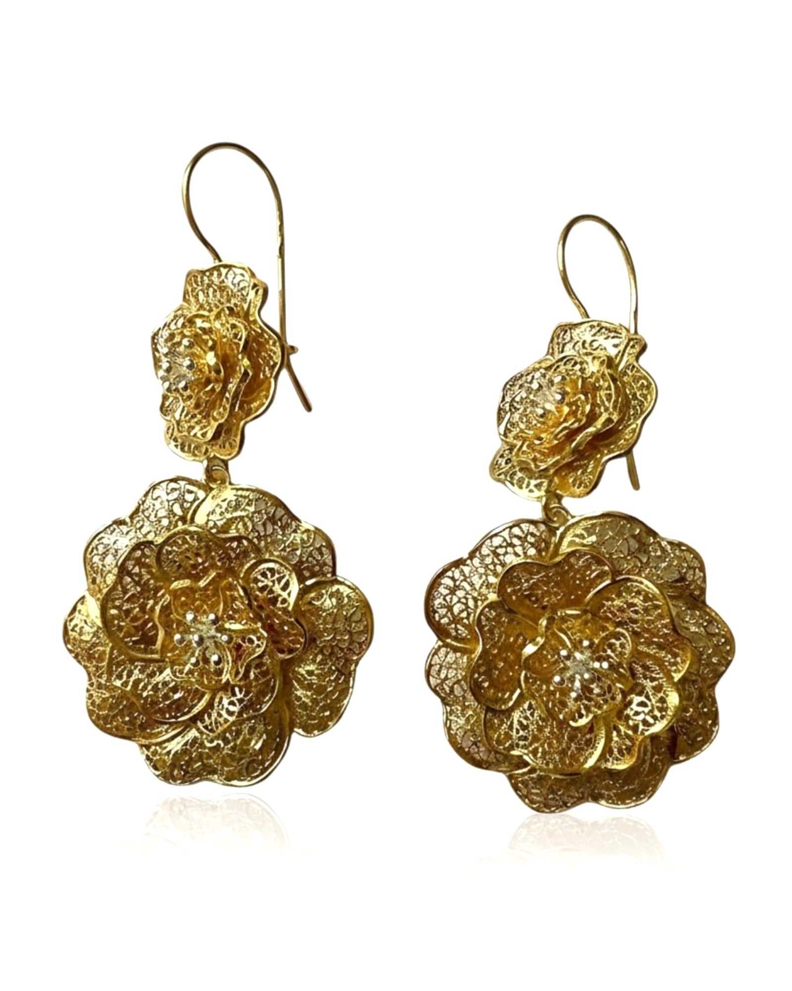 Brincos Flores Filigrana em Prata Dourada