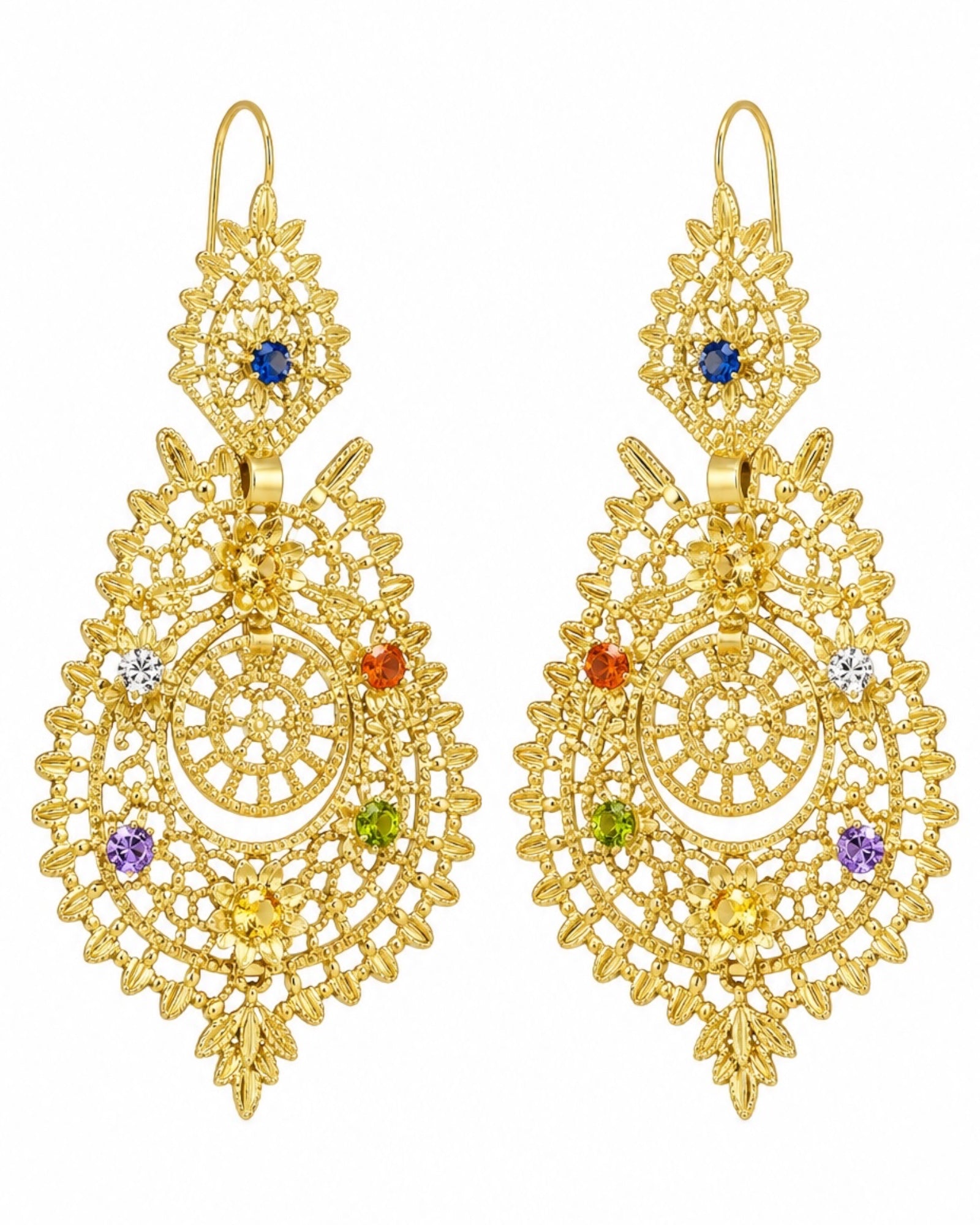 Brincos à Rainha com Zircónias Coloridas em Prata Dourada