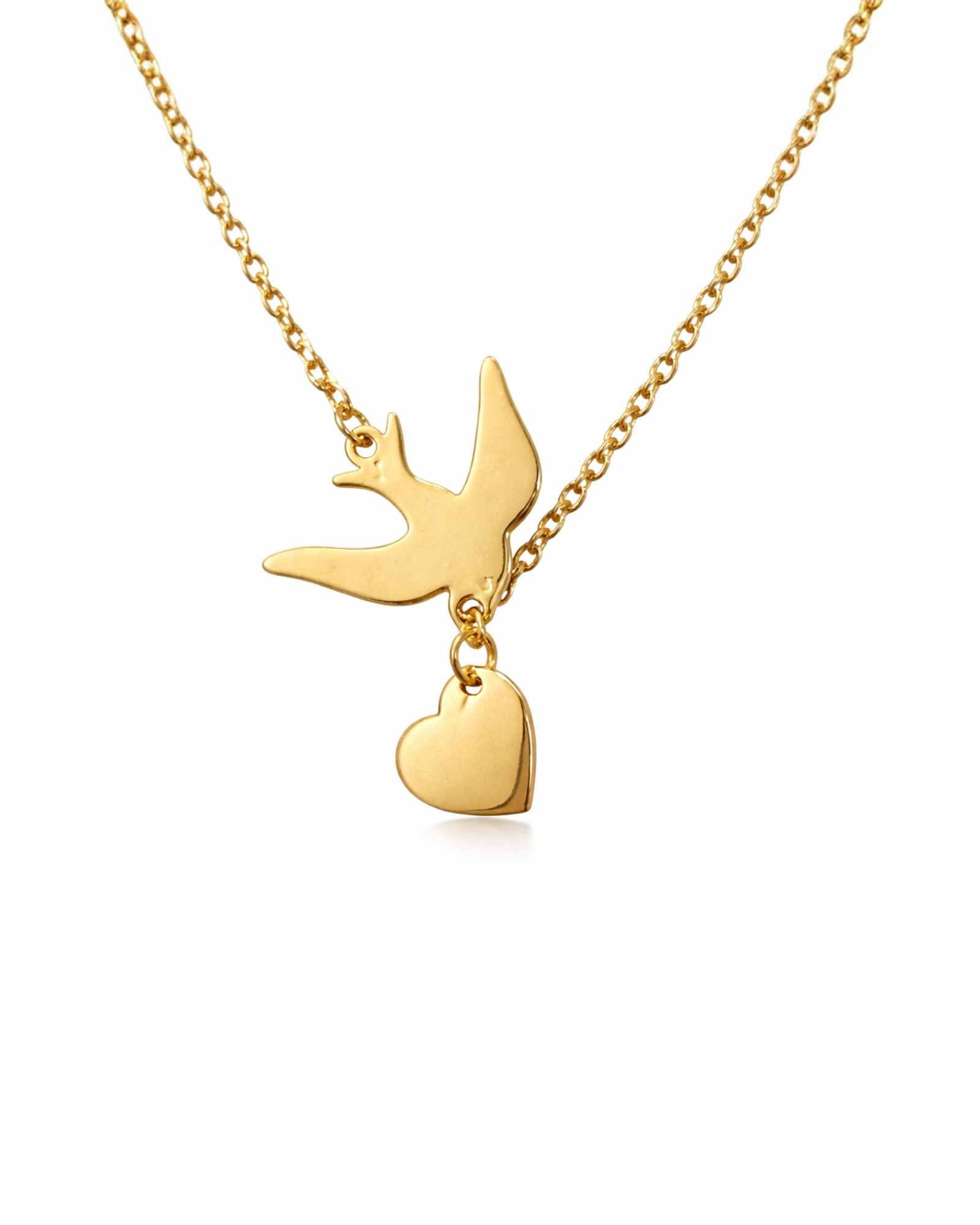 Swallow and Heart Necklace in Gold-Plated Silver