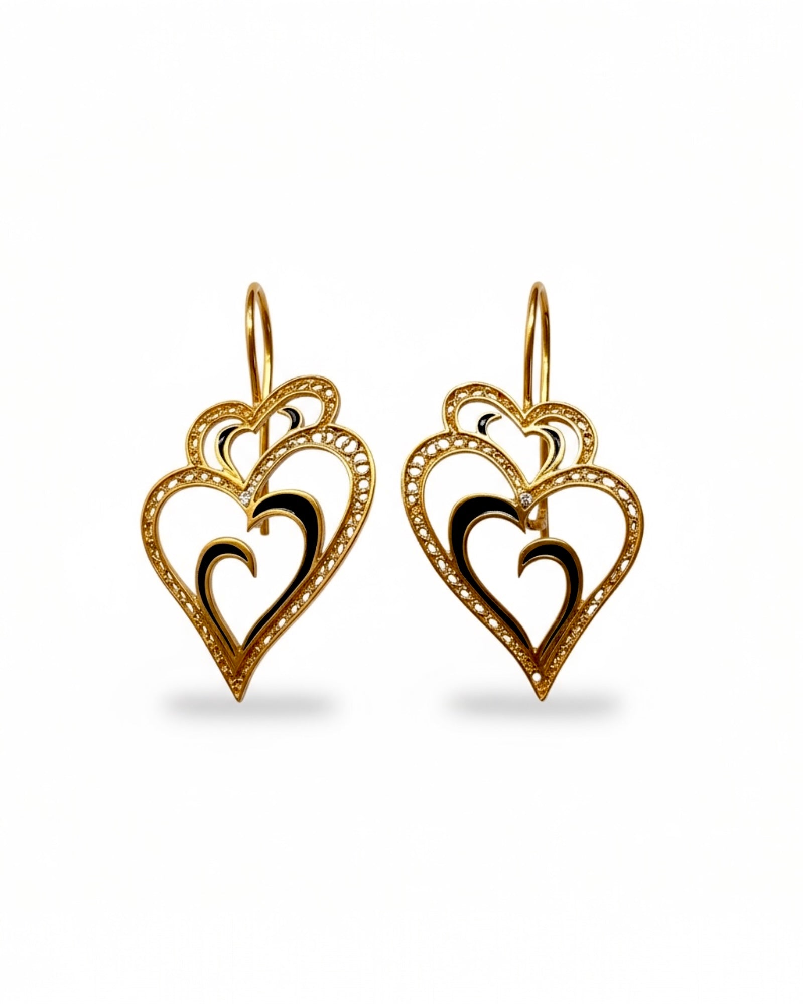 Viana is Love Heart Earrings with Black Enamel on Gold Plated Silver