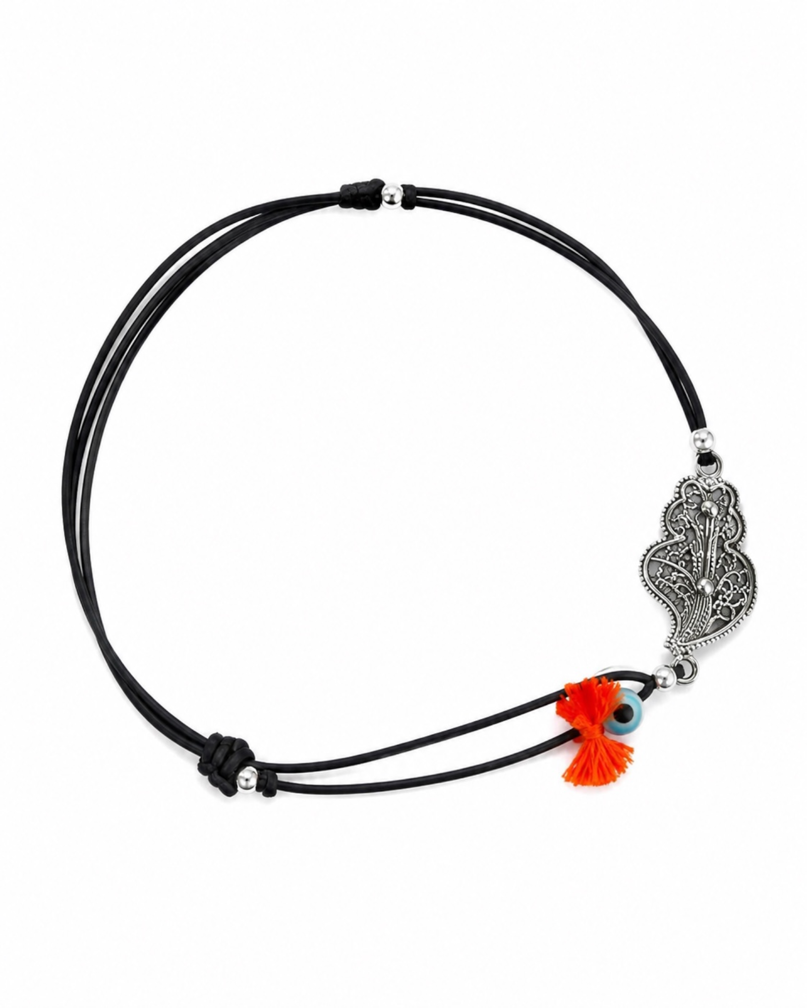 Black silk bracelet with a silver Viana heart charm.