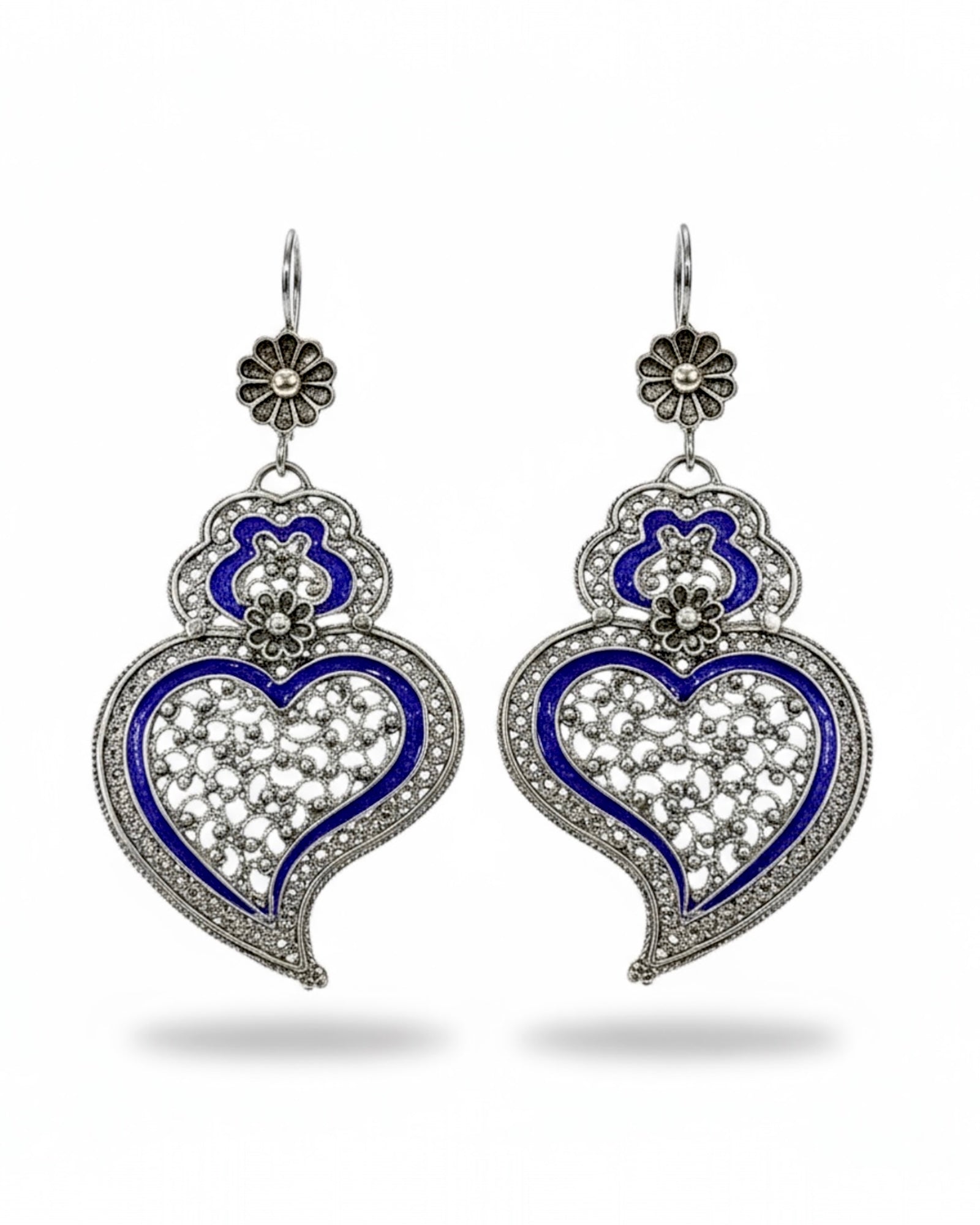 Viana Heart Earrings with Blue Filigree Enamel in Silver