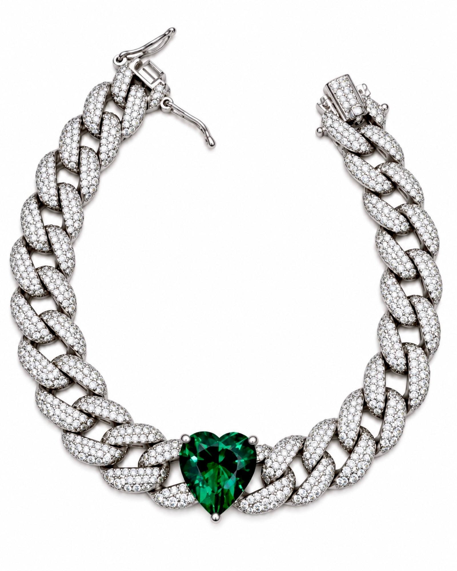 Pulseira com Brilho e Coração Verde em Prata