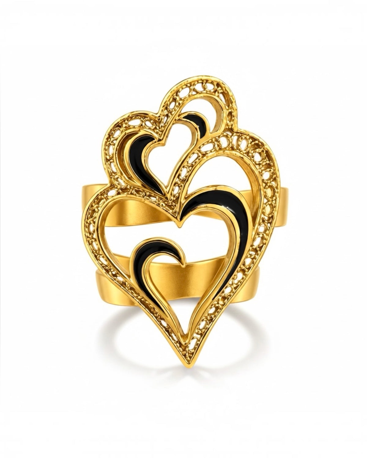 Viana Heart Ring is Love with Black Enamel in Gold-Plated Silver