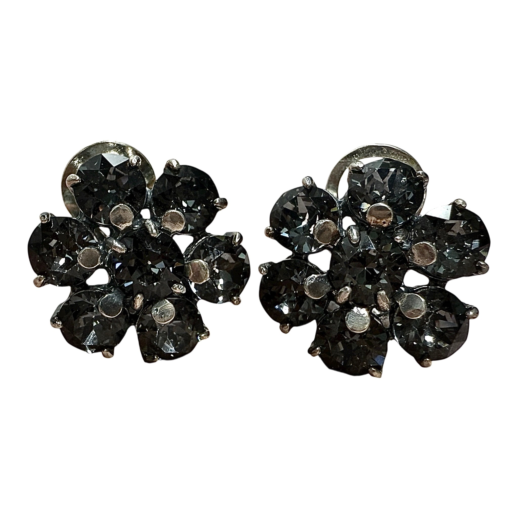 Brincos Flor em Cristal  Cinza  e prata