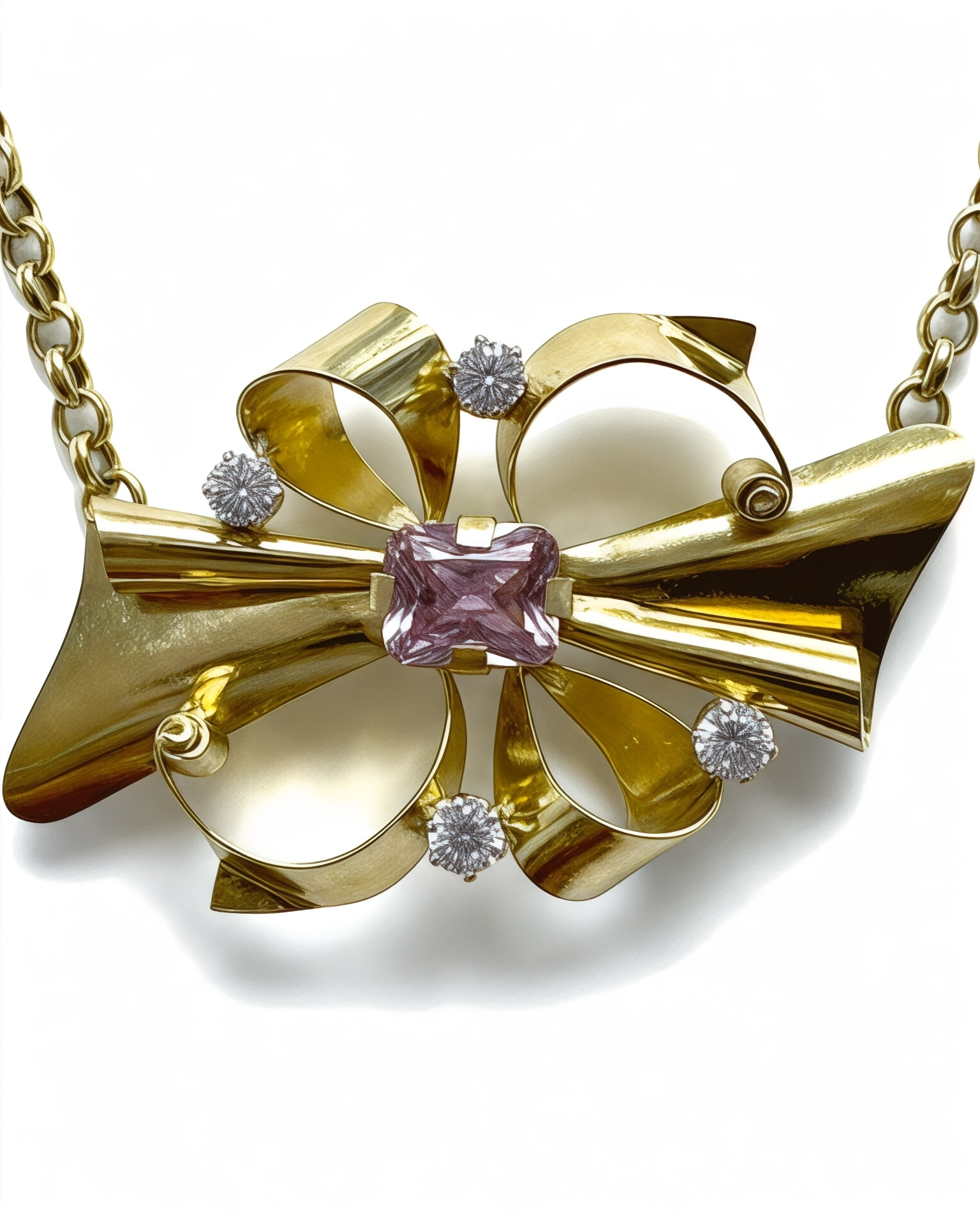 Colar Barroco com Pedra Rosa em Prata Dourada