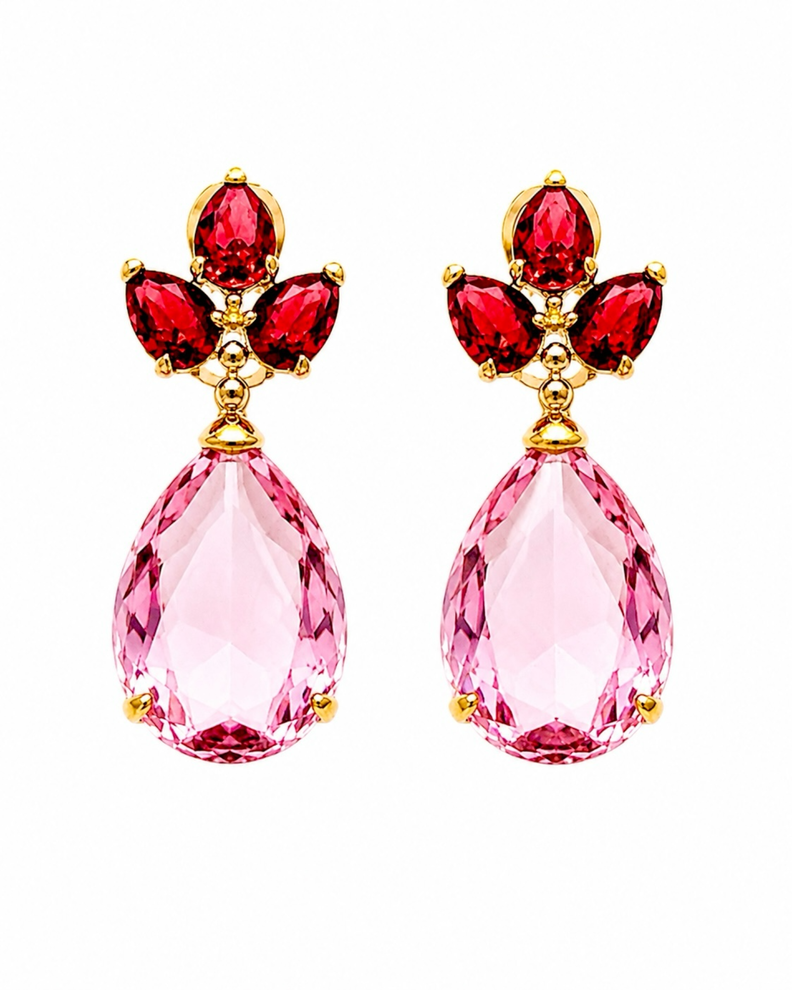 Brincos Gotas Pedras Rosas e Vermelhas em Prata Dourada