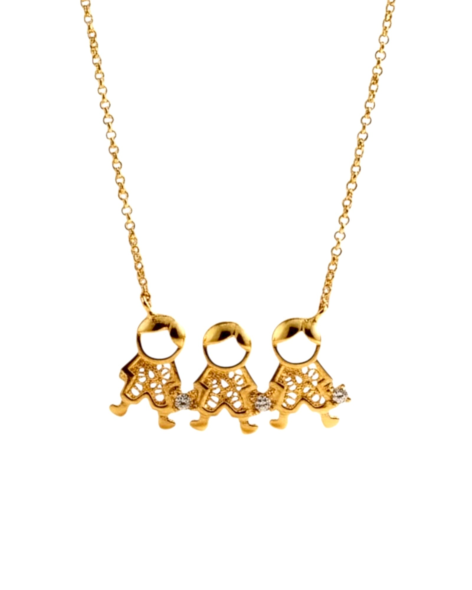 Colar Três Meninos Filigrana em Prata Dourada