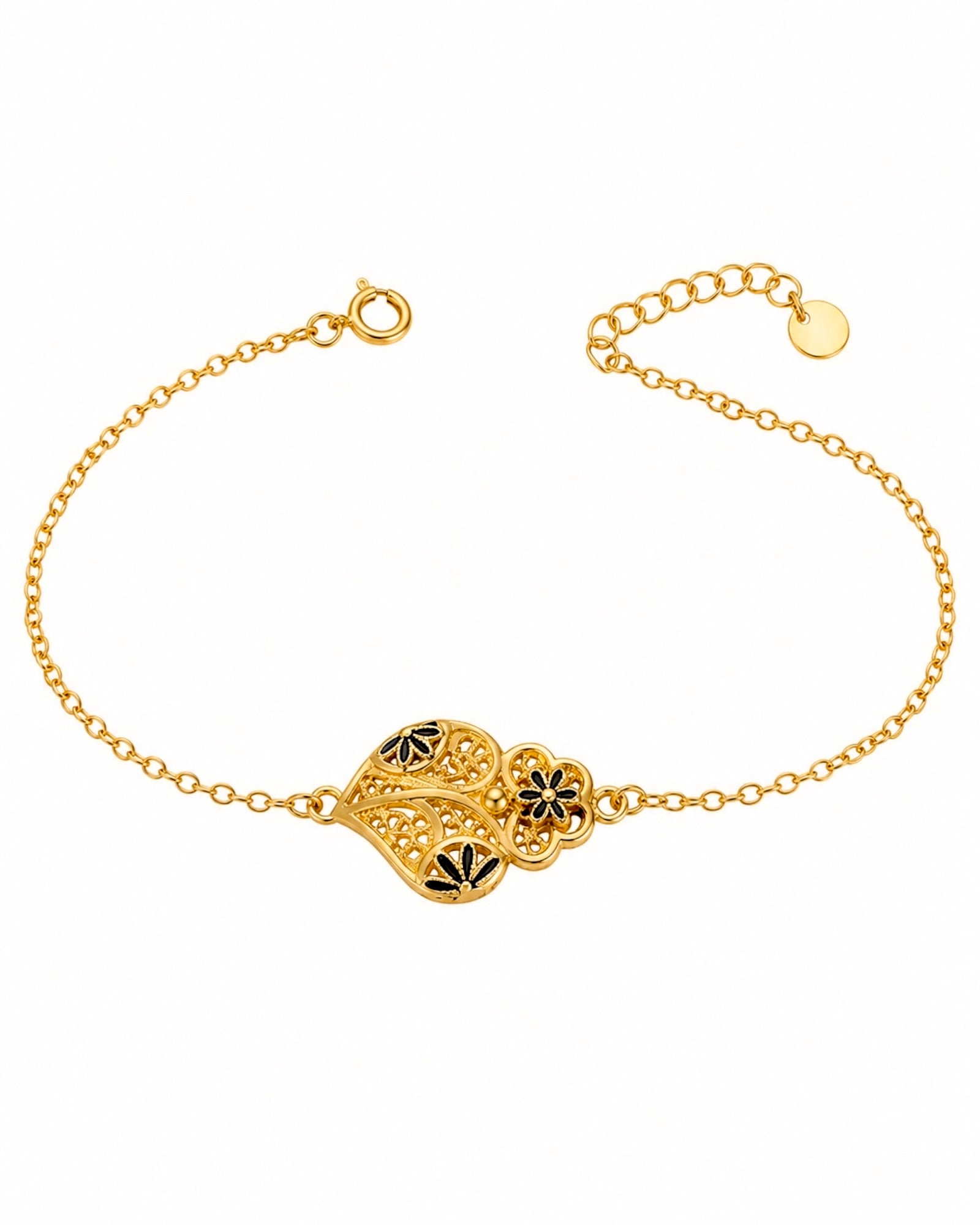 Pulseira Coração de Viana com Esmalte Preto em Prata Dourada