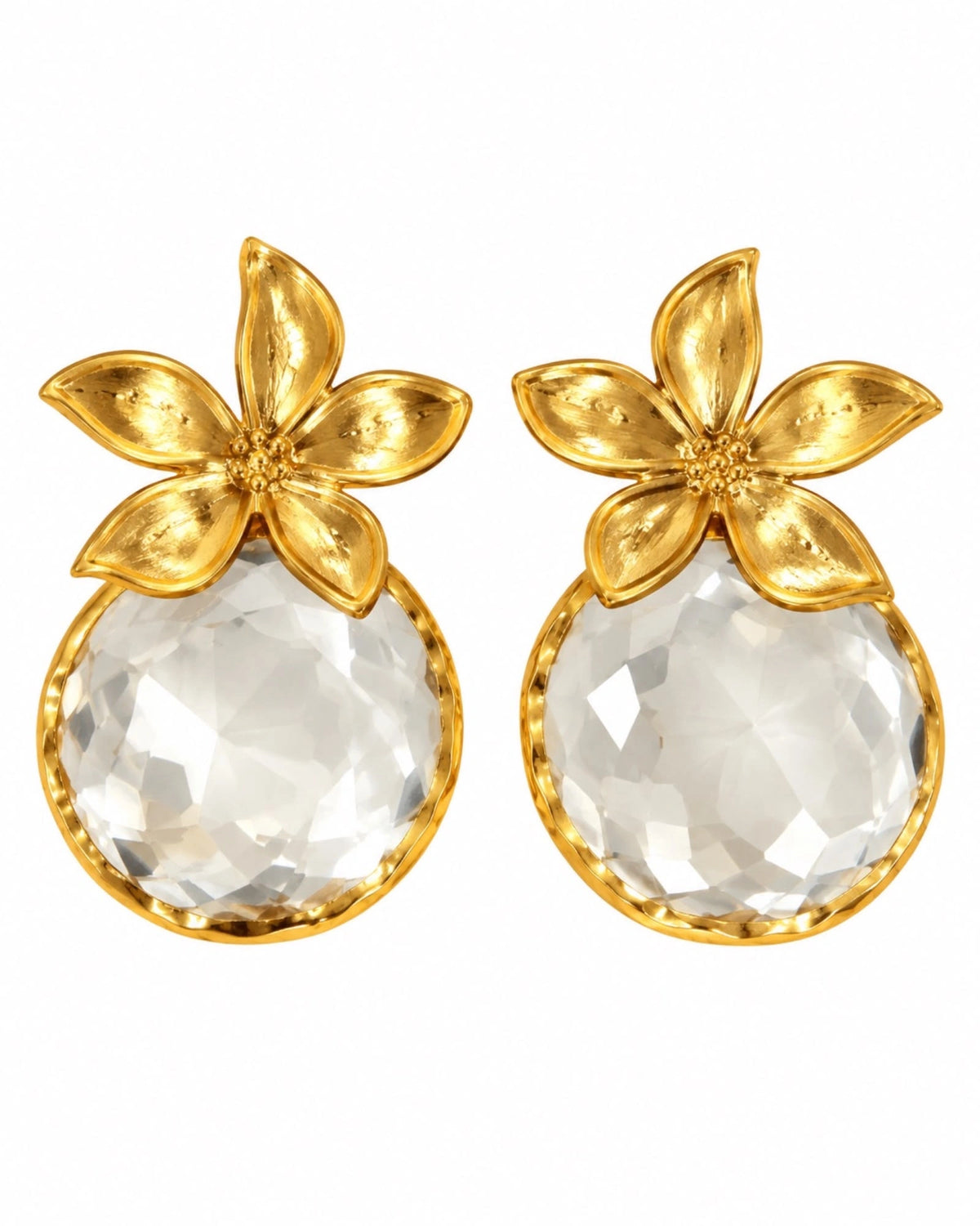 Brincos Flores com Pedra Transparente em Prata Dourada