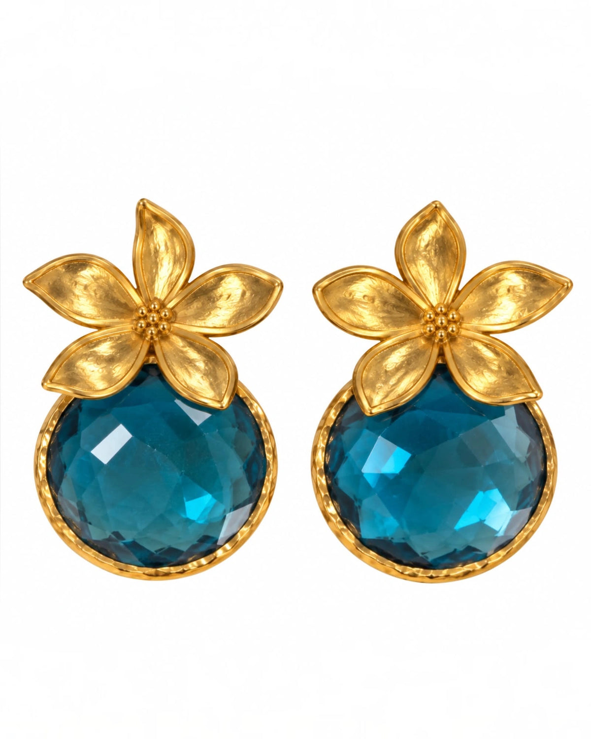 Brincos Flores com Pedra Azul em Prata Dourada
