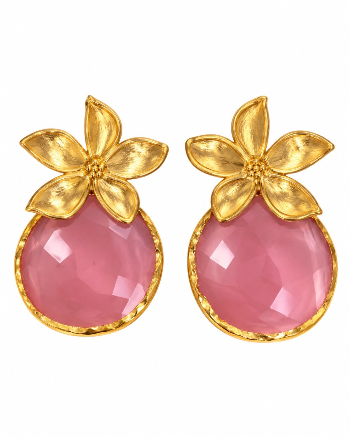 Brincos Flores com Pedra Rosa em Prata Dourada