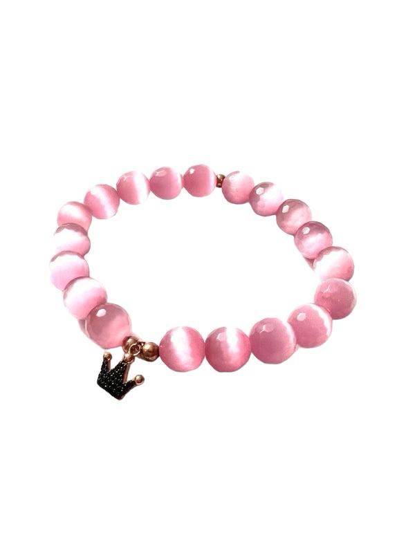 Pulseira Coroa Pedras Rosas em Prata Rosa