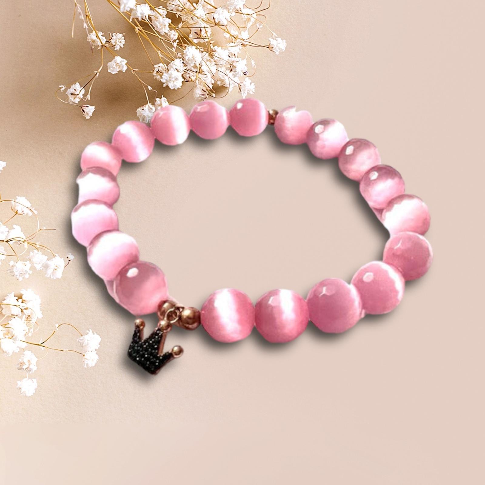 Pulseira Coroa Pedras Rosas em Prata Rosa