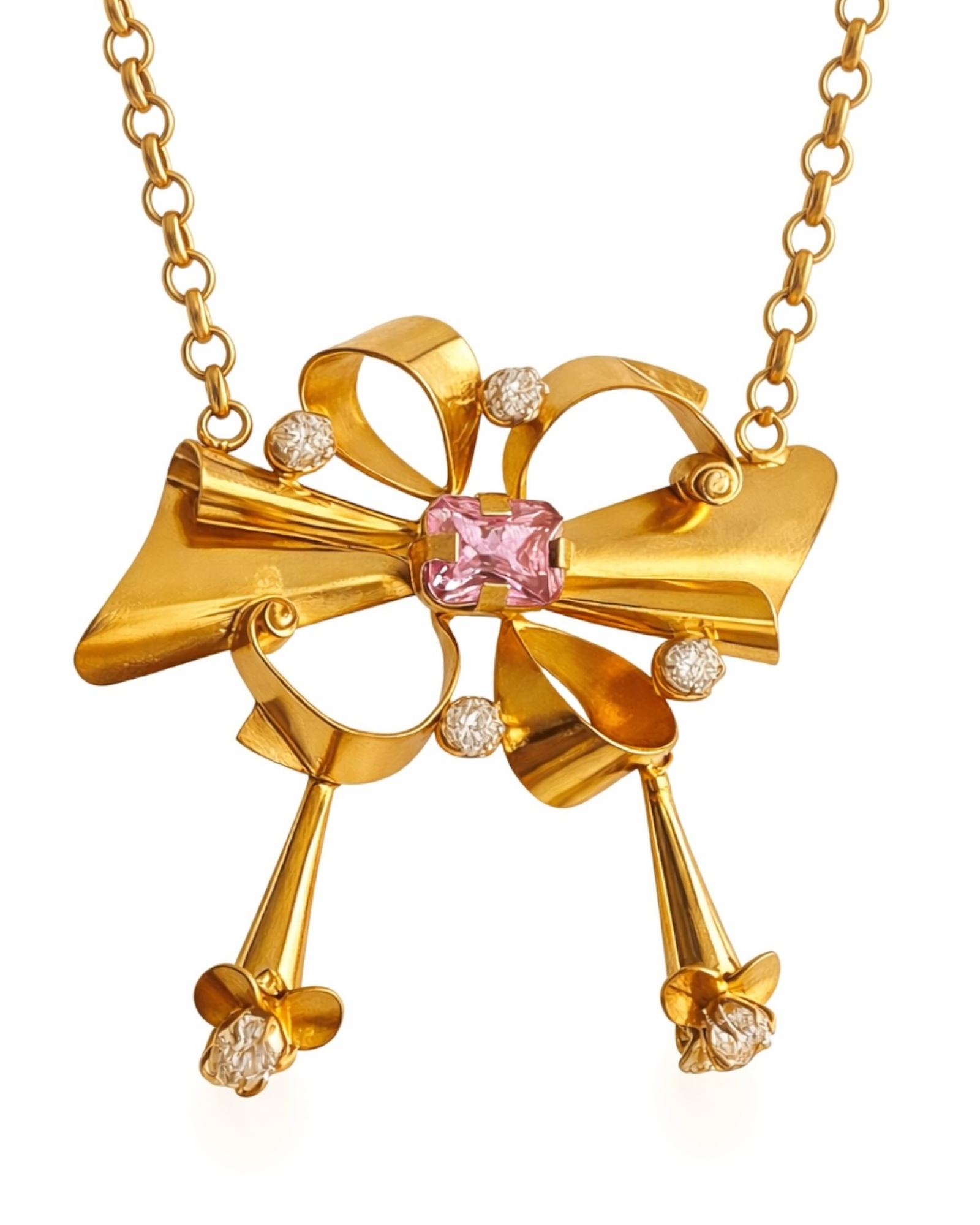 Colar Barroco com Pedra Rosa em Prata Dourada