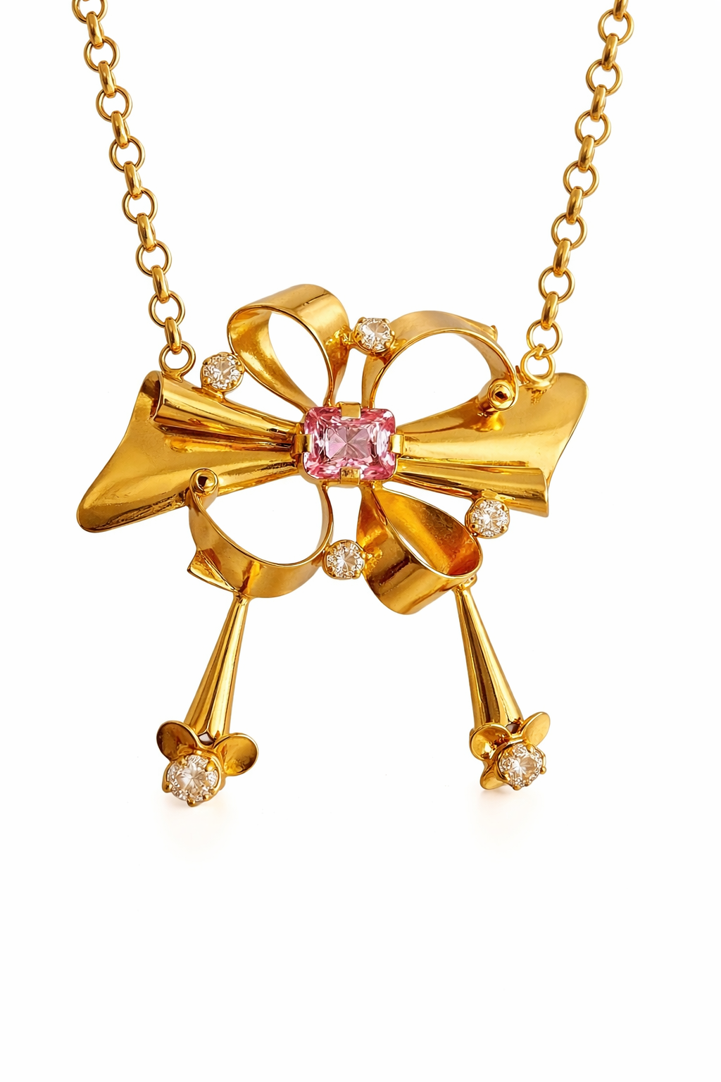 Colar Barroco com Pedra Rosa em Prata Dourada