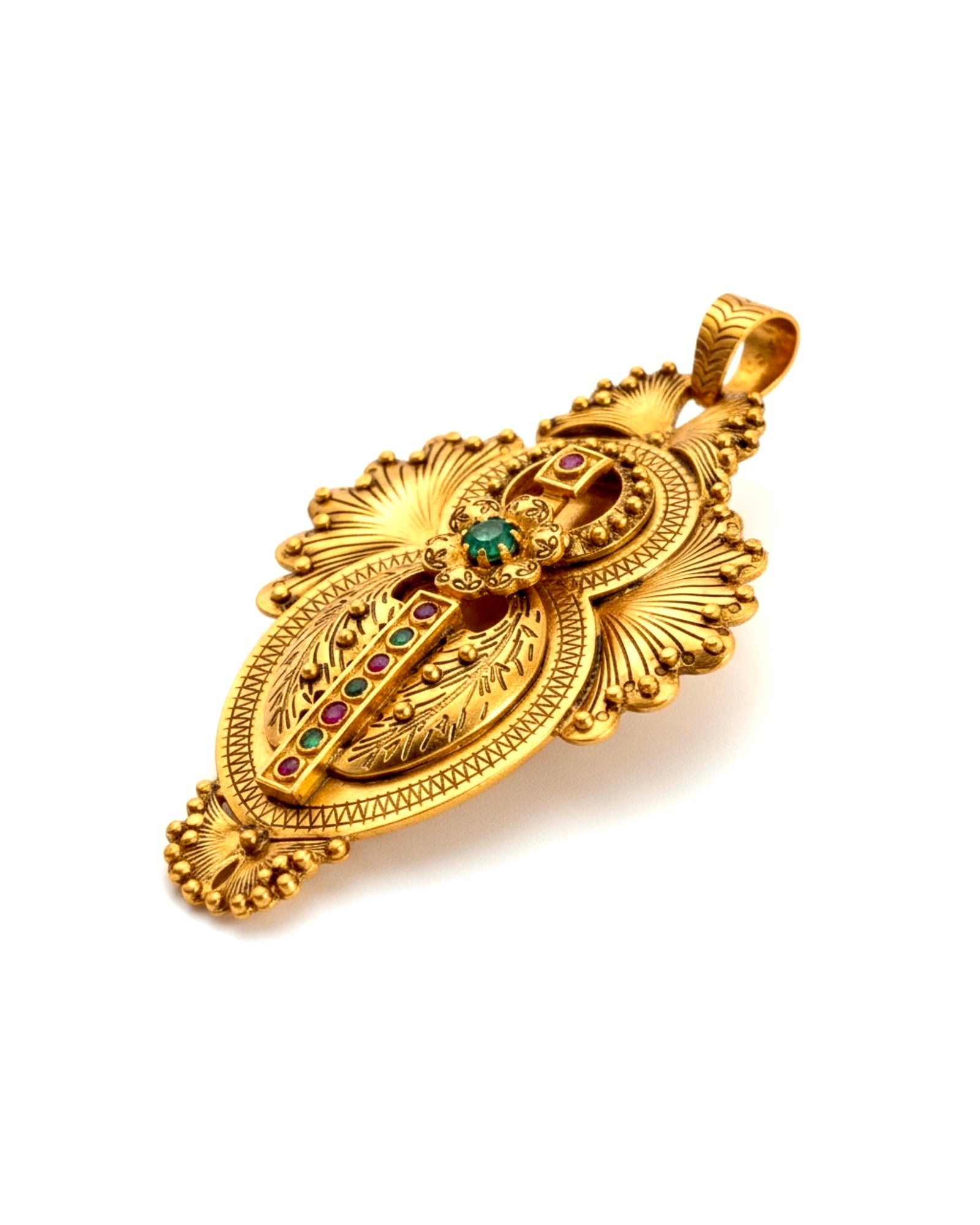 Medalha Gramalheira em Prata Dourada com Pedras Verdes e Vermelhas