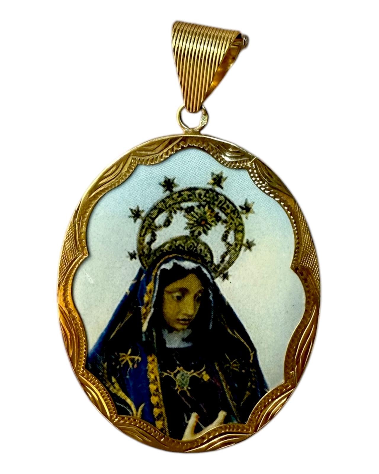 Medalha Nossa Senhora da Agonia em Prata Dourada com Esmalte