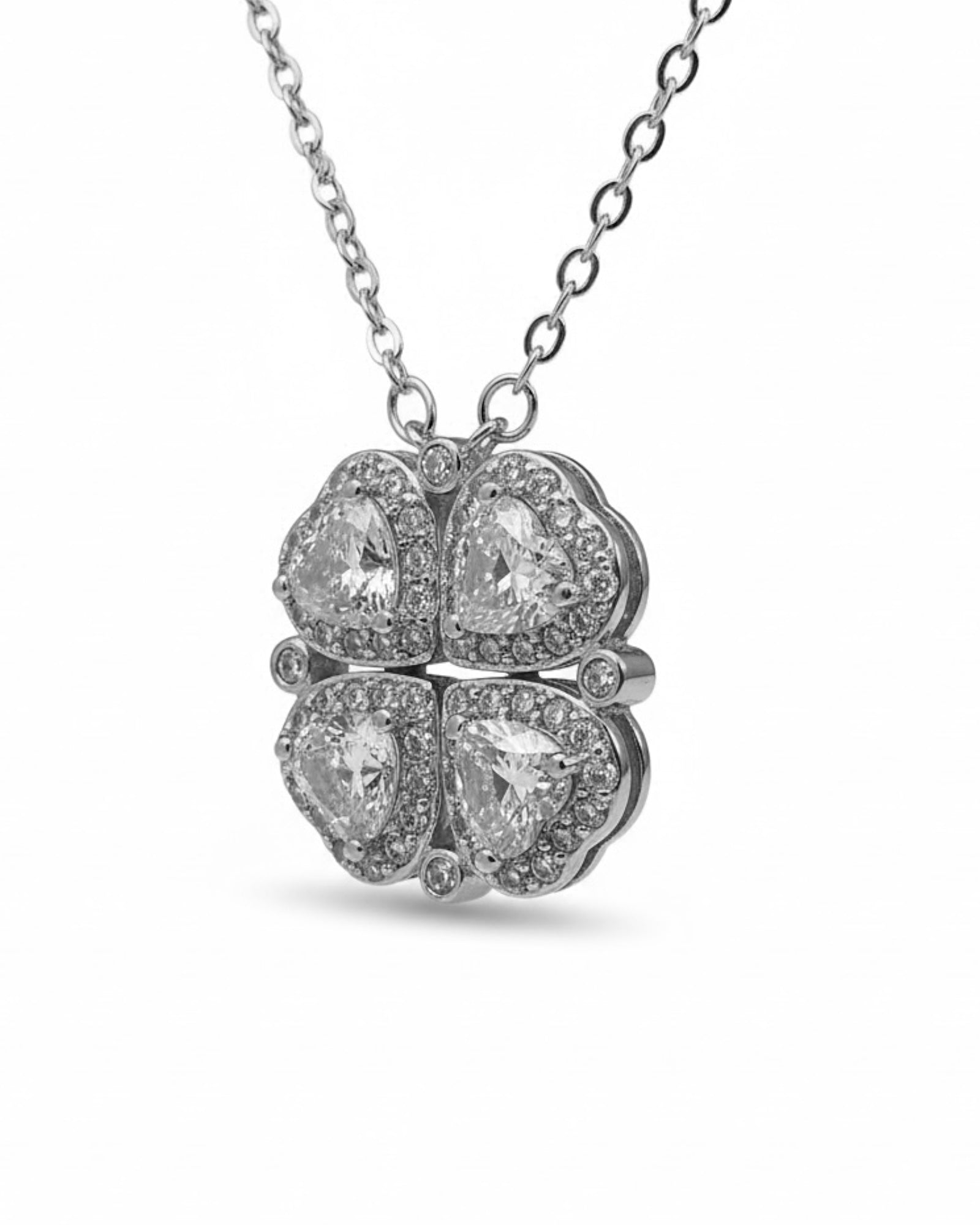 Colar Versátil Trevo/Coração em Prata Branca