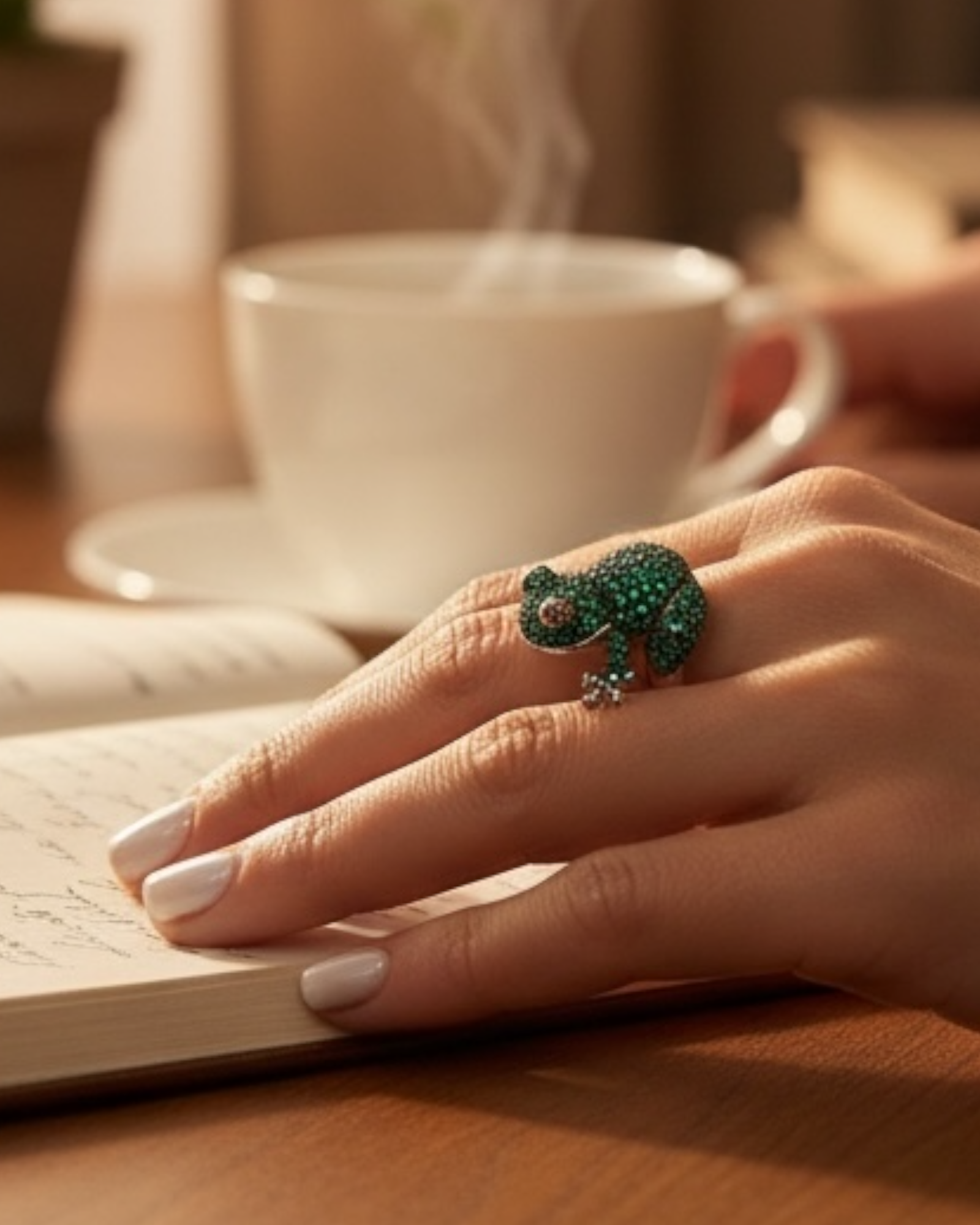 Anel Sapo Verde em Prata