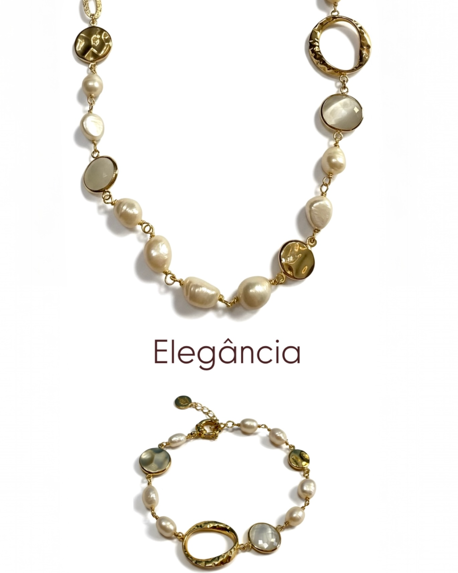 Pulseira de Pérolas com Argola em Prata Dourada e Pedra