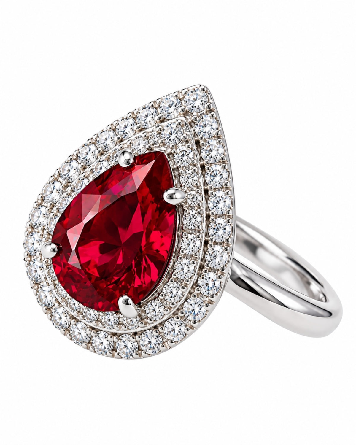 Red teardrop ring in silver.