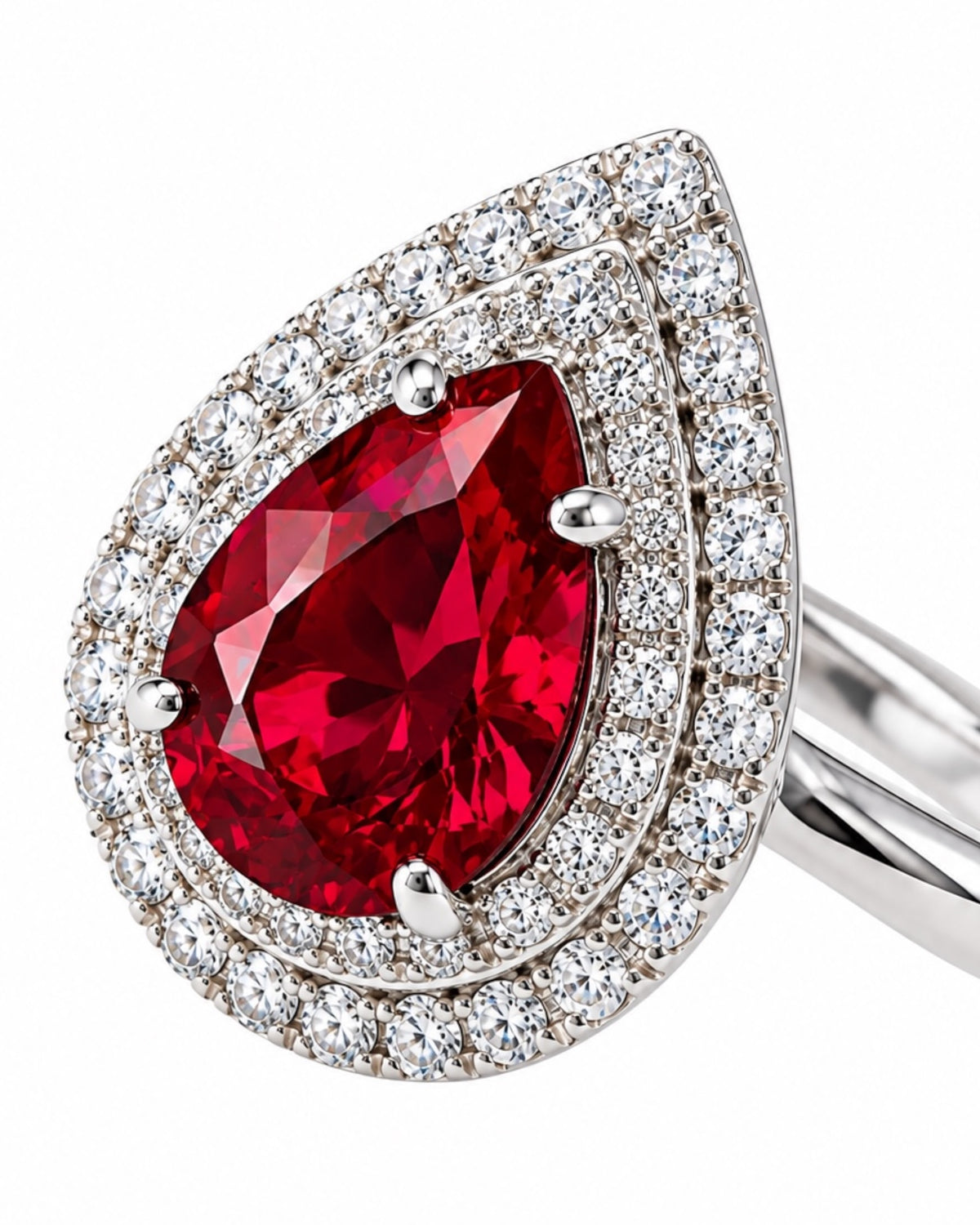 Red teardrop ring in silver.