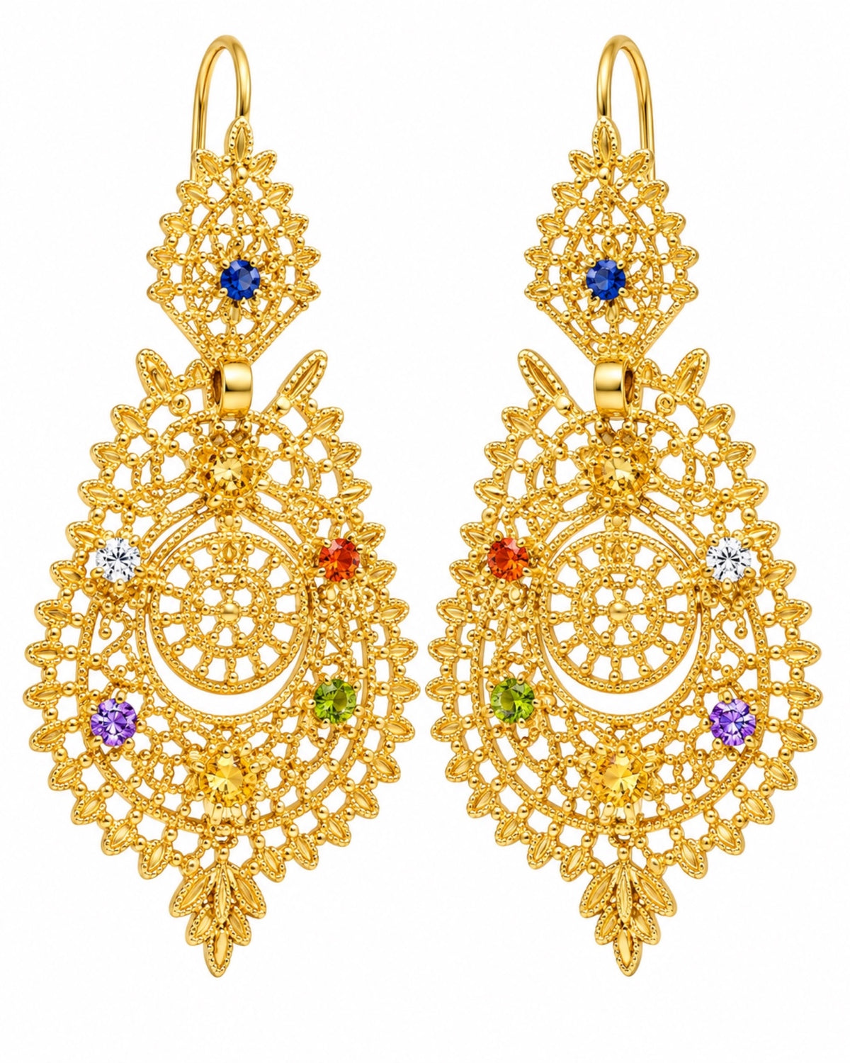 Brincos à Rainha com Zircónias Coloridas em Prata Dourada