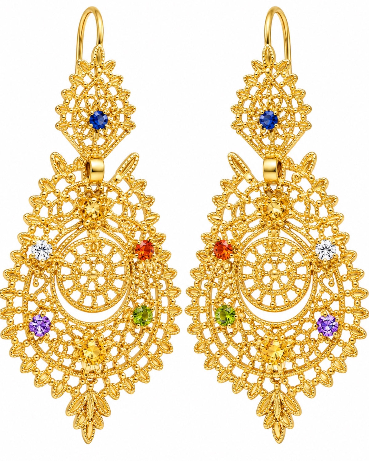 Brincos à Rainha com Zircónias Coloridas em Prata Dourada