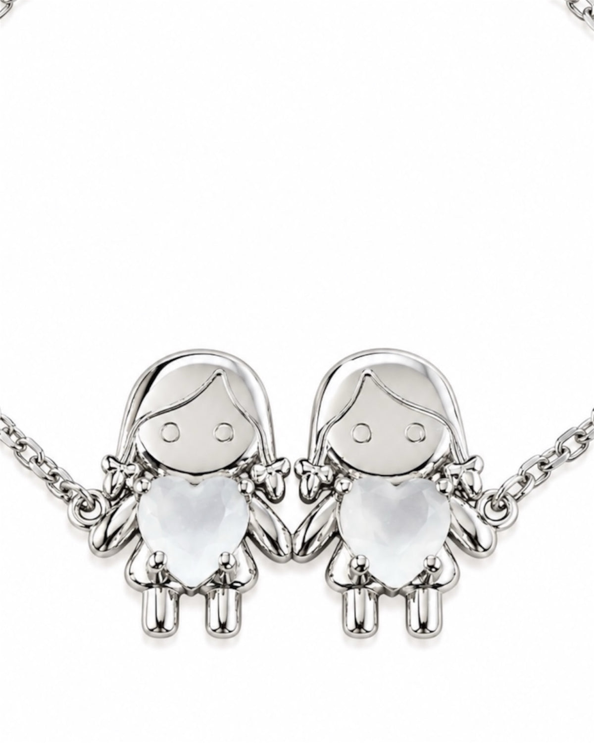 Bracelet with Two Girls, Silver with White Hearts