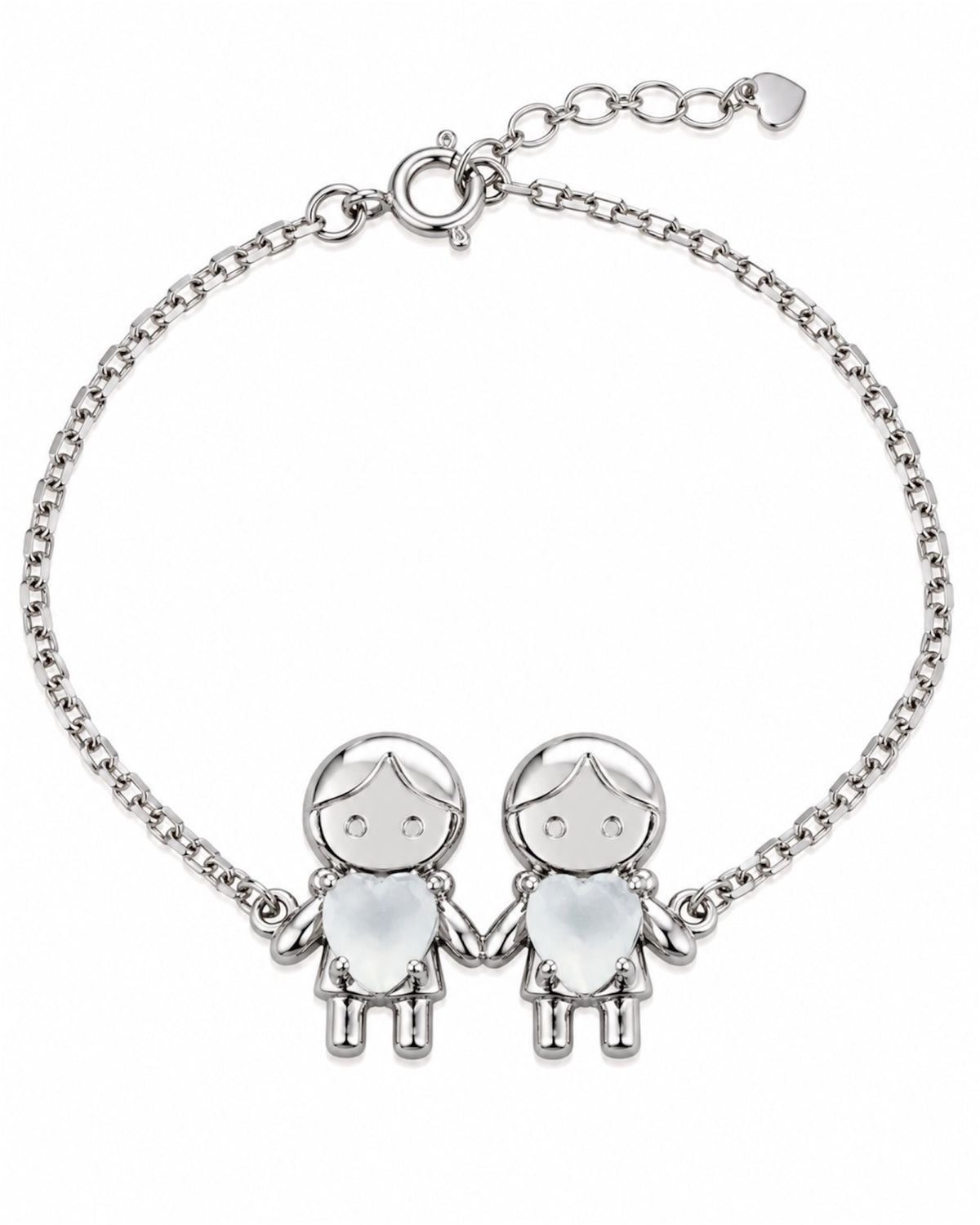 Bracelet with Two Boys in Silver with White Hearts