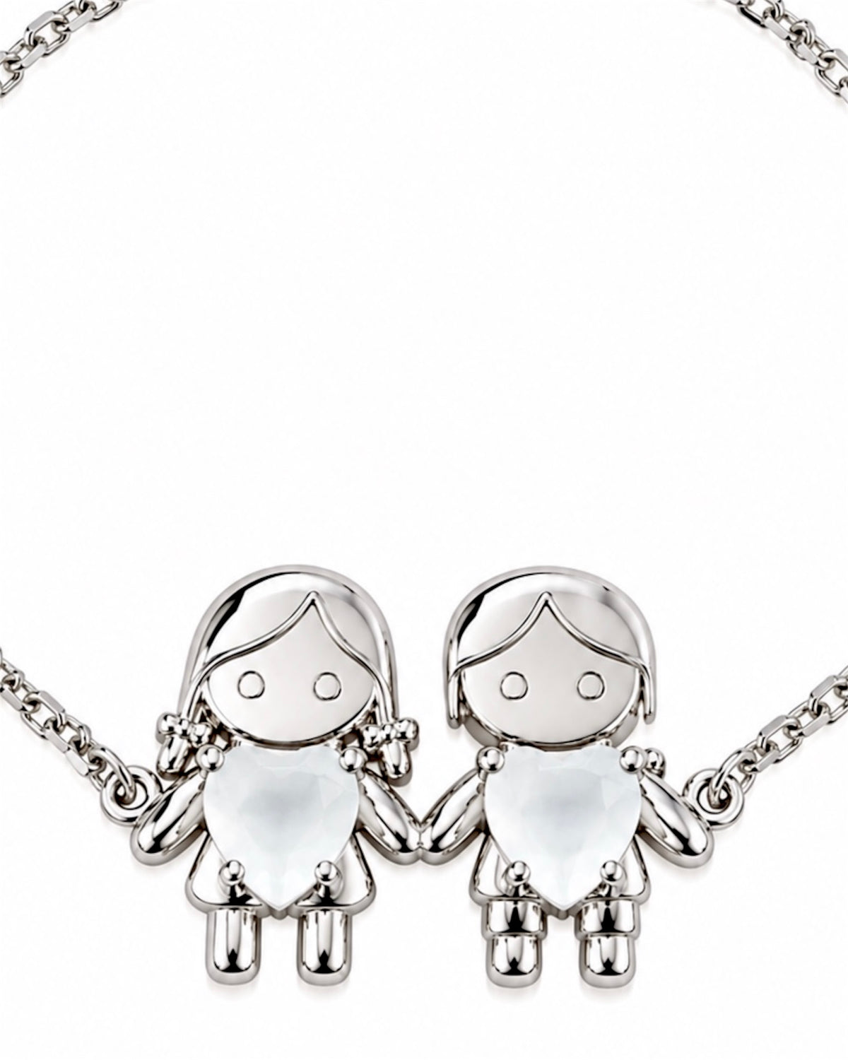 Pulseira com Menino e Menina em Prata com Corações Brancos