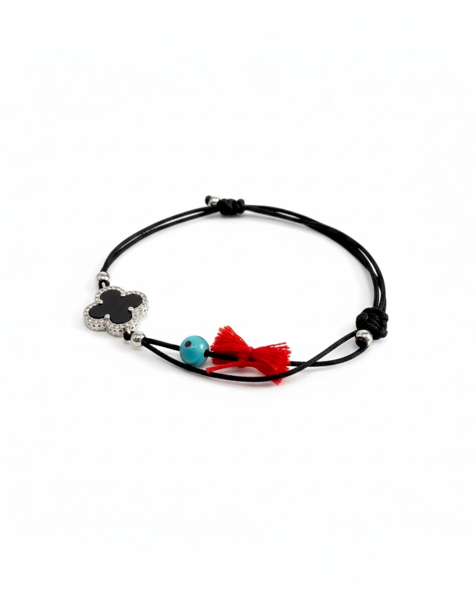 Pulseira Seda Flor com Pedra Preta em Prata