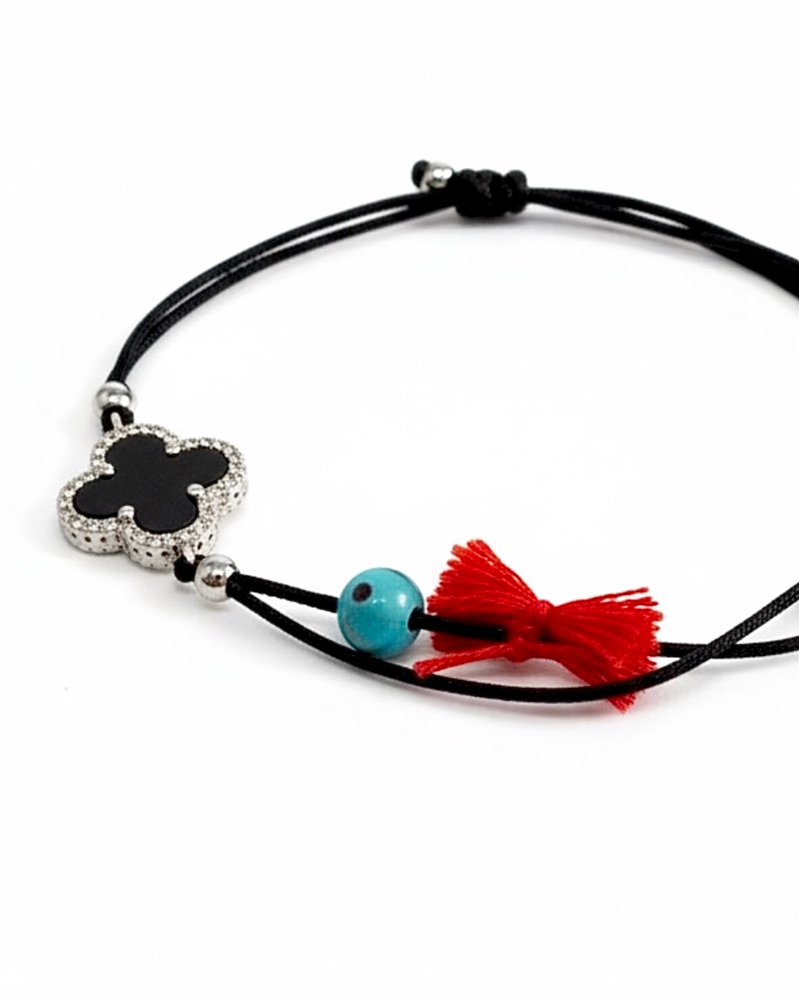 Pulseira Seda Flor com Pedra Preta em Prata