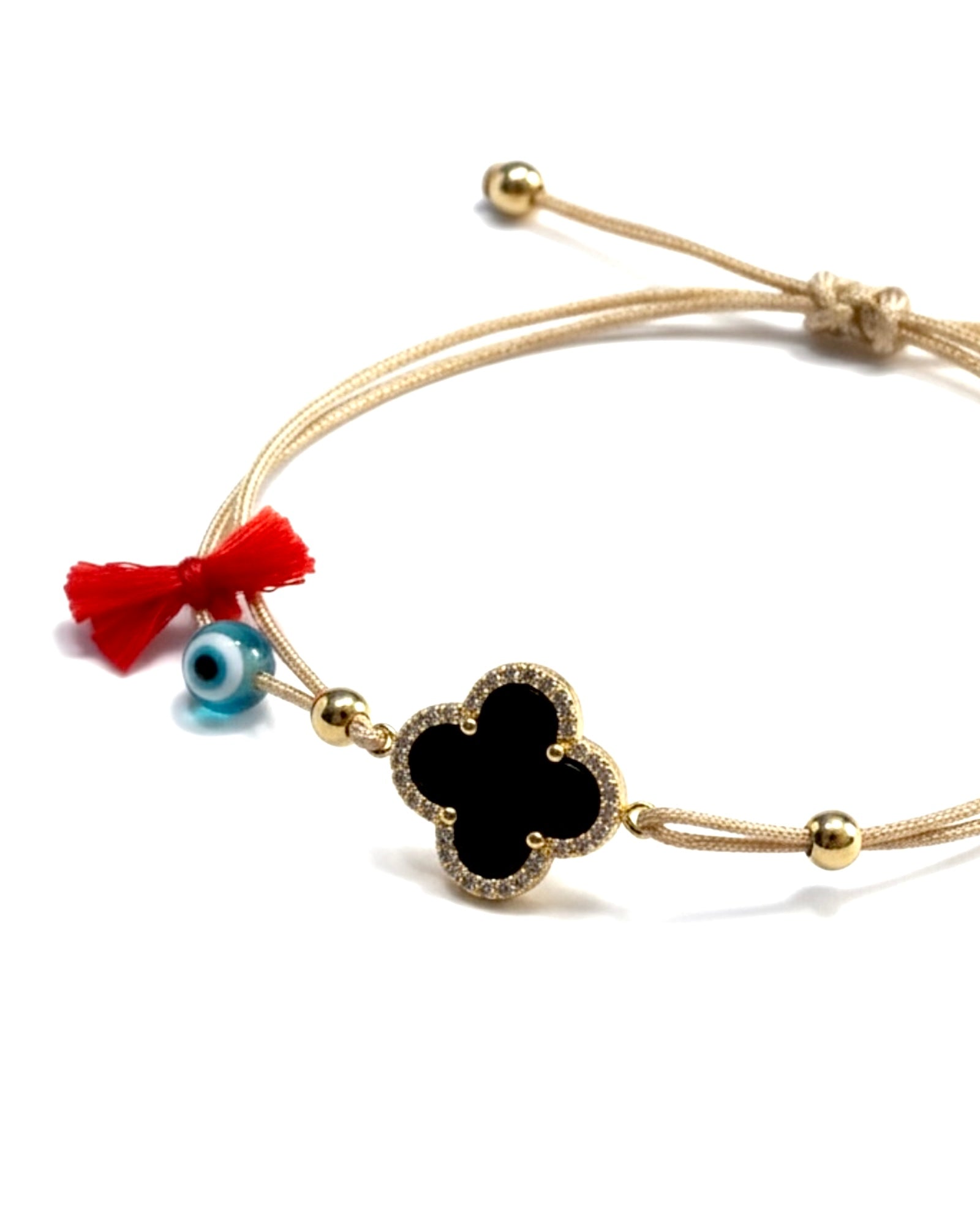 Pulseira Seda Flor com Pedra Preta em Prata Dourada