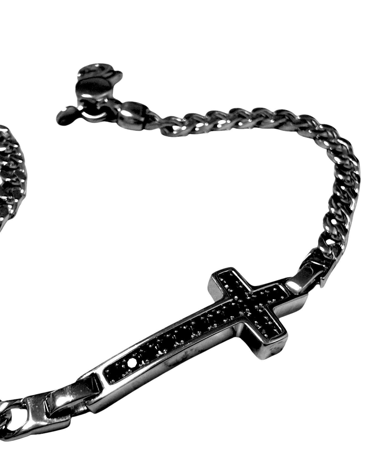Pulseira Cruz com Pedras Pedras Pretas em Prata