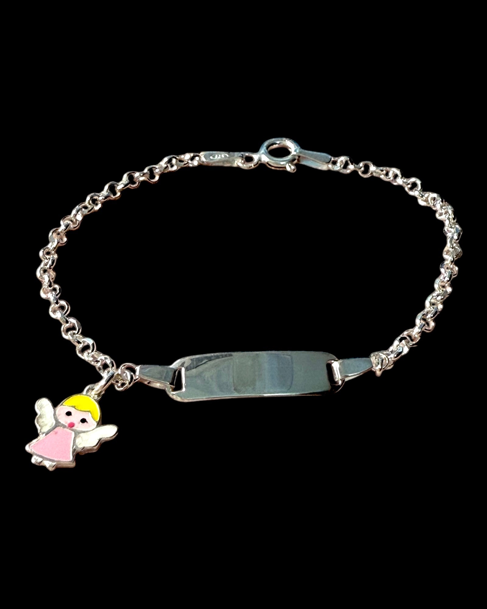 Pulseira Chapa com Anjo Cor-de-Rosa de Criança em Prata