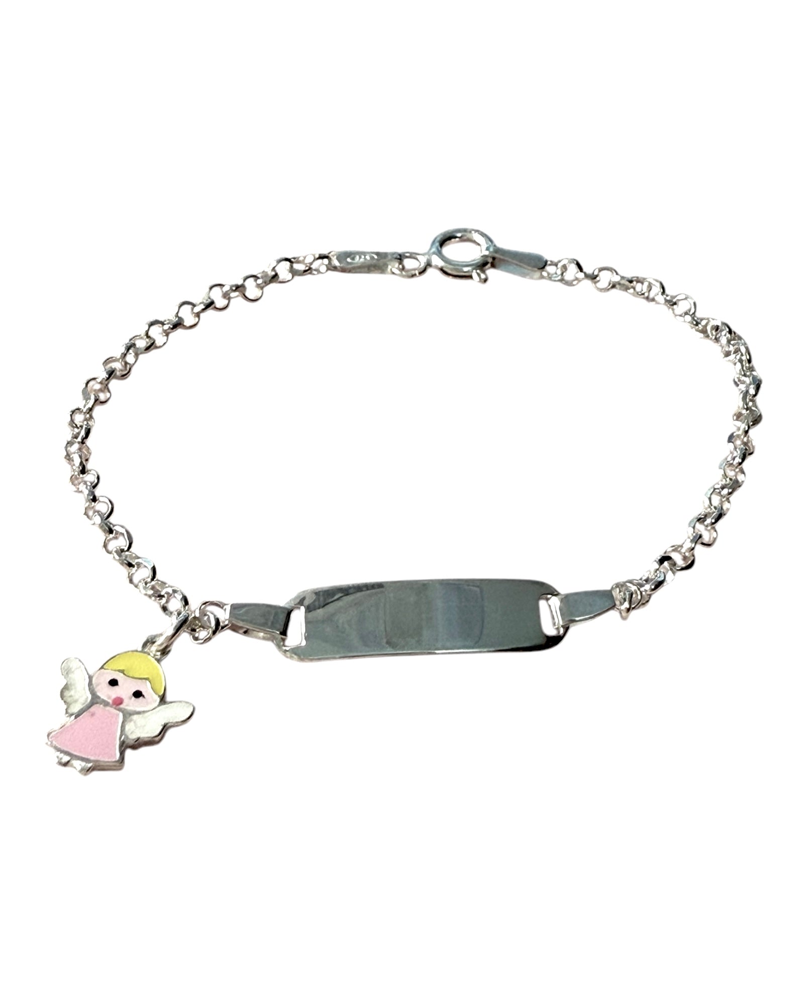 Pulseira Chapa com Anjo de Criança em Prata 925%, design delicado com anjo, personalizável com nome ou mensagem.