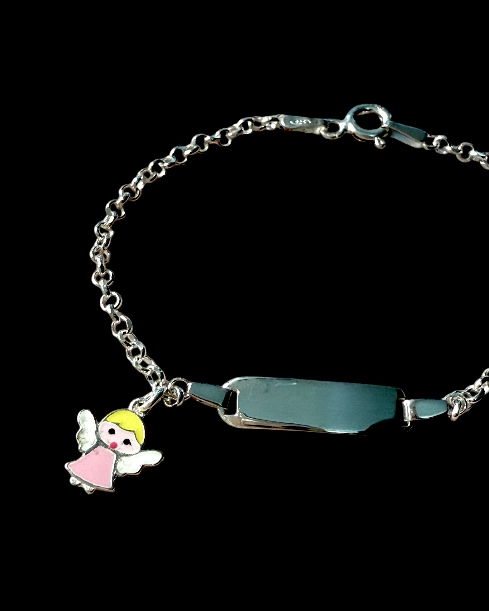 Pulseira Chapa com Anjo Cor-de-Rosa de Criança em Prata