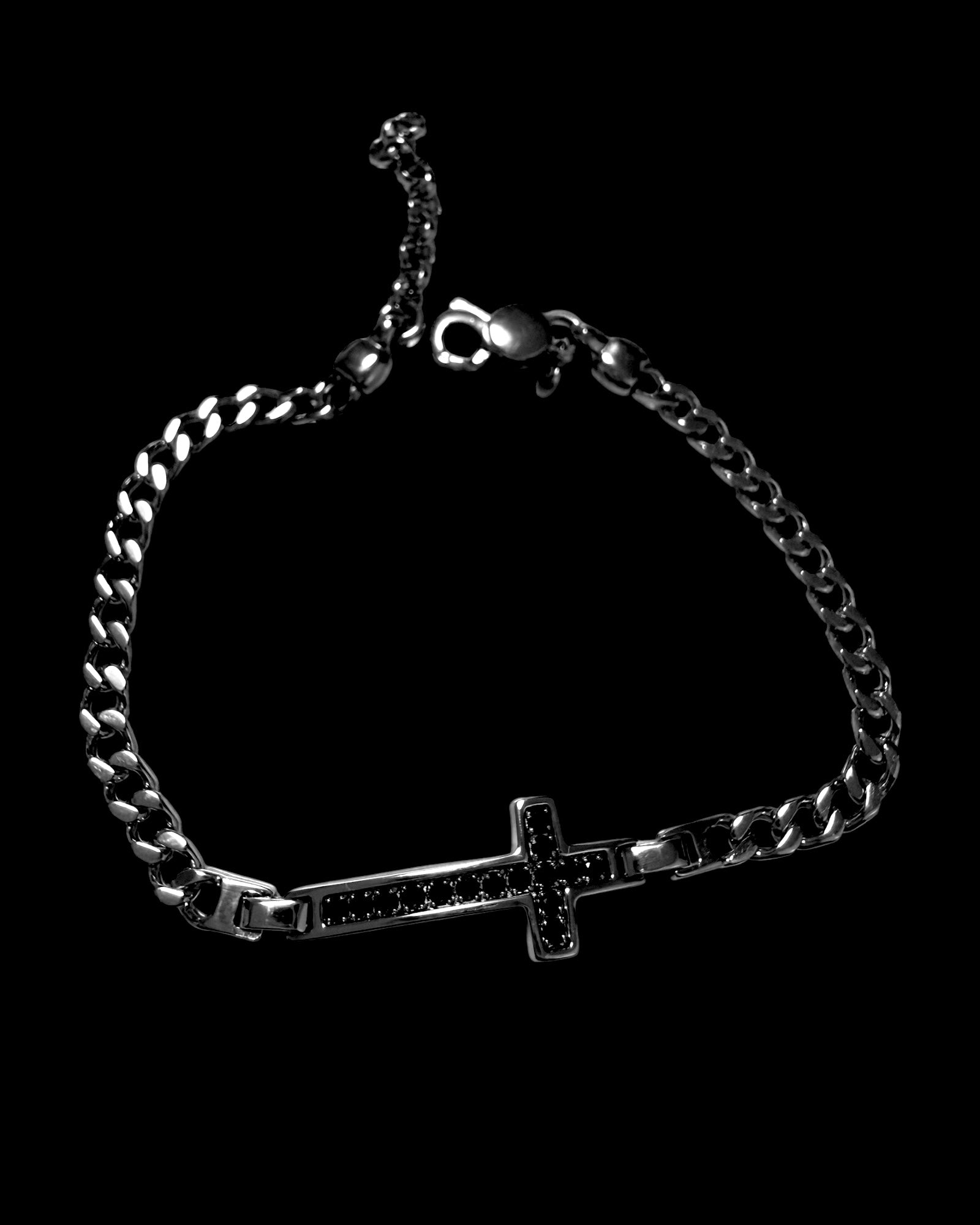Pulseira Cruz com Pedras Pedras Pretas em Prata