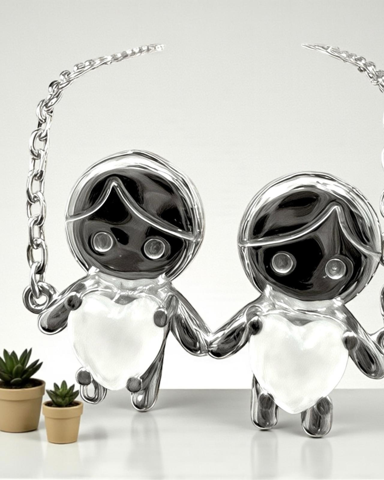 Bracelet with Two Boys in Silver with White Hearts