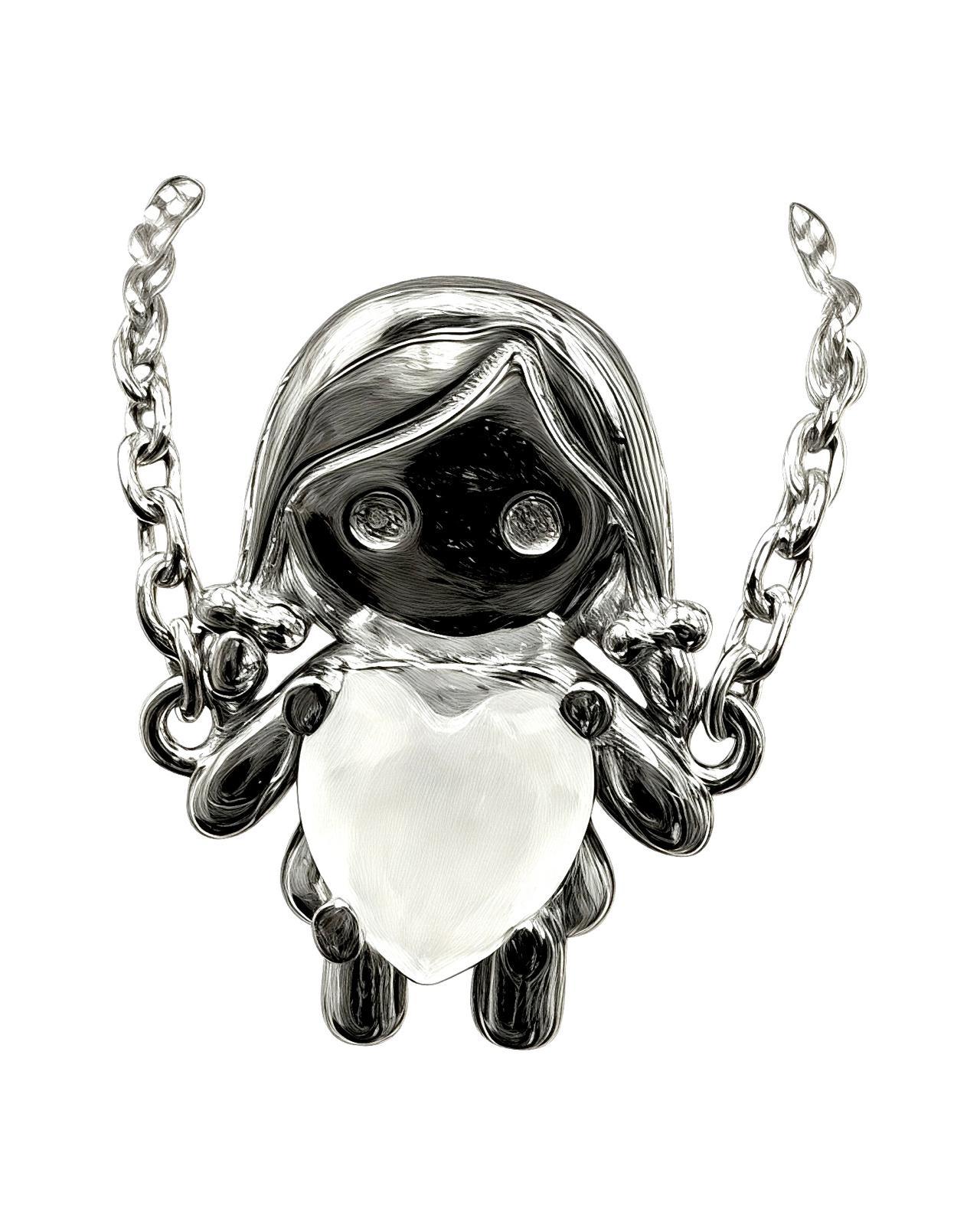 Silver bracelet with girl charm and white hearts.