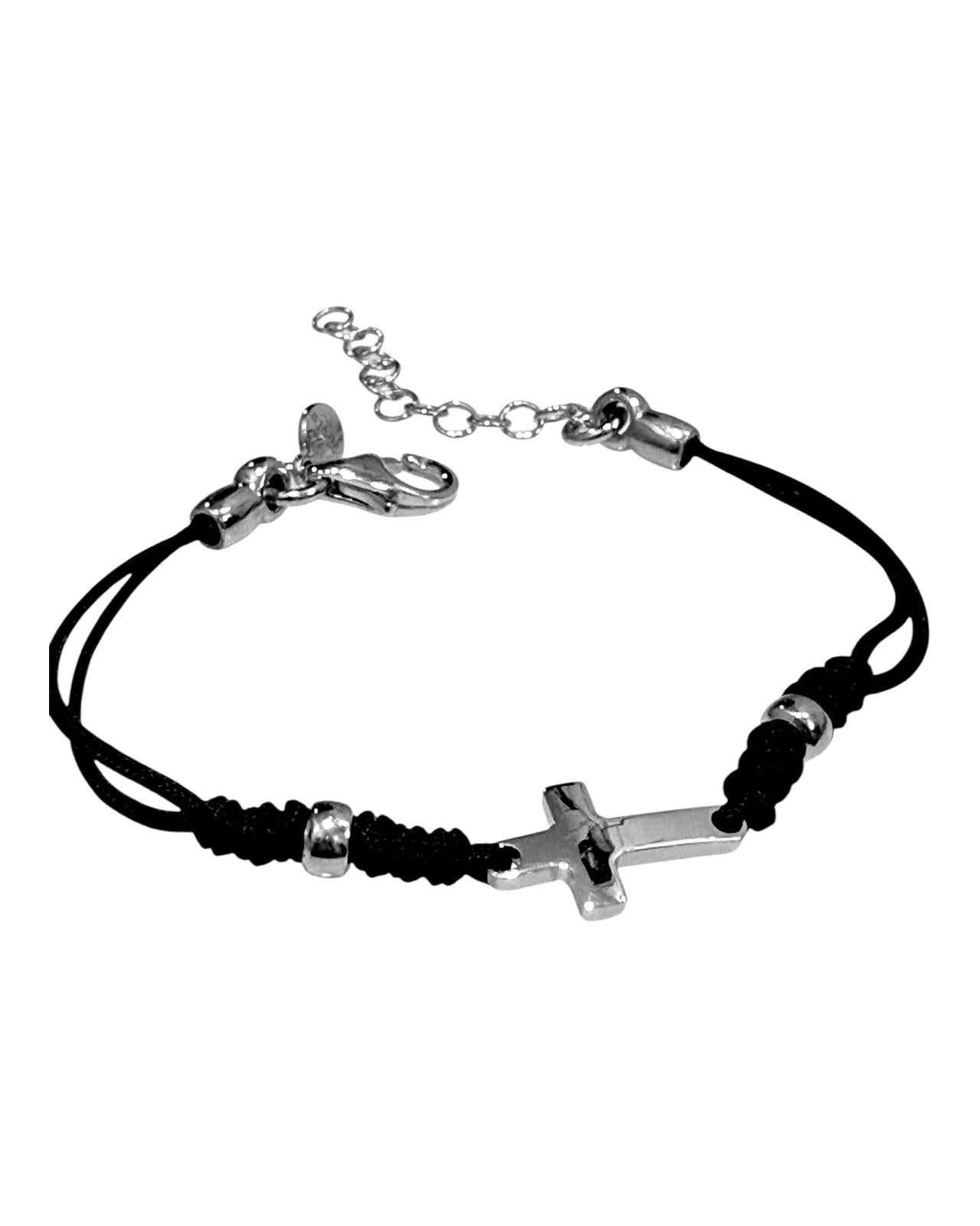 Pulseira em Prata com Cruz e Fio Preto
