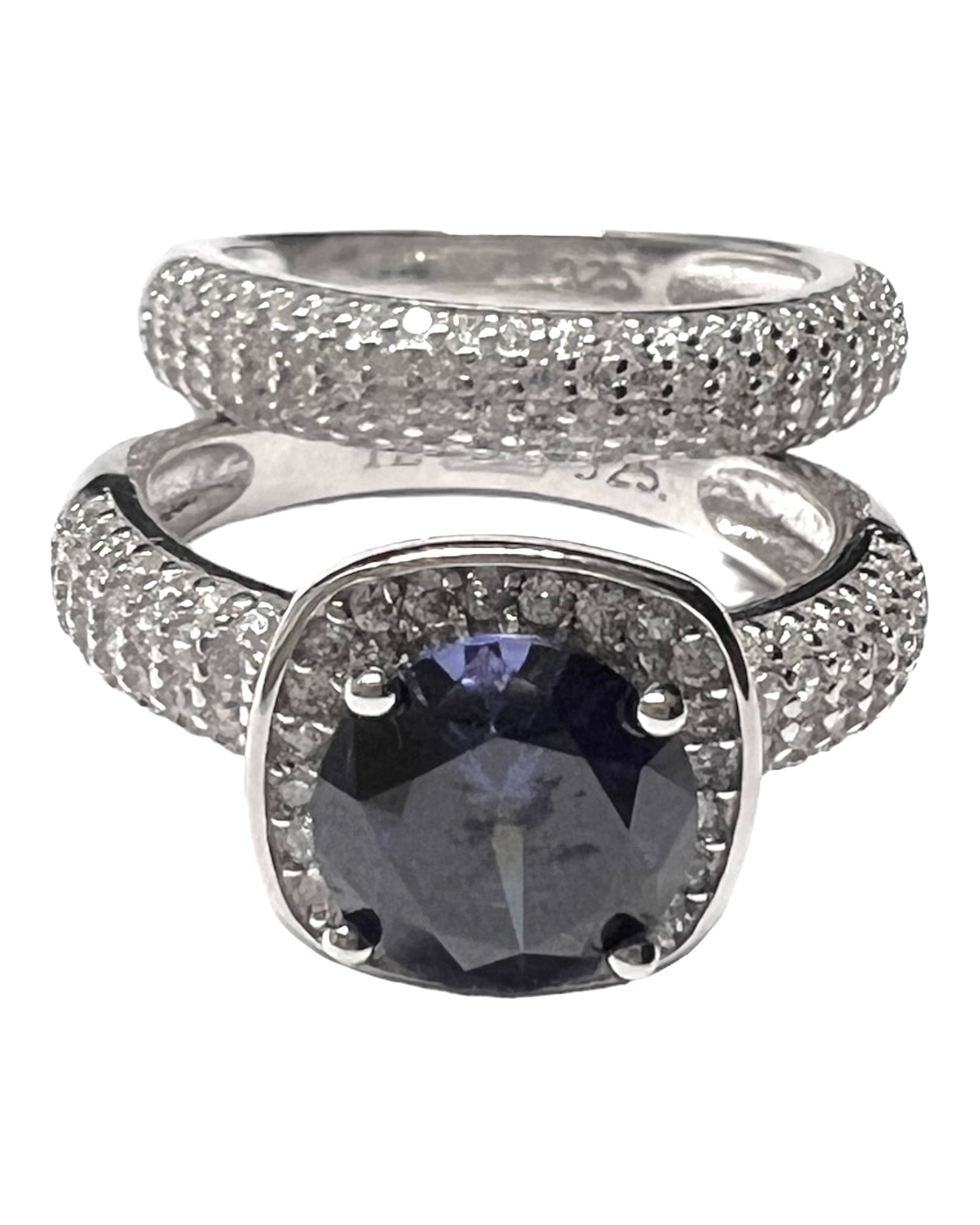 Blue Stone Solitaire Double Ring in Silver