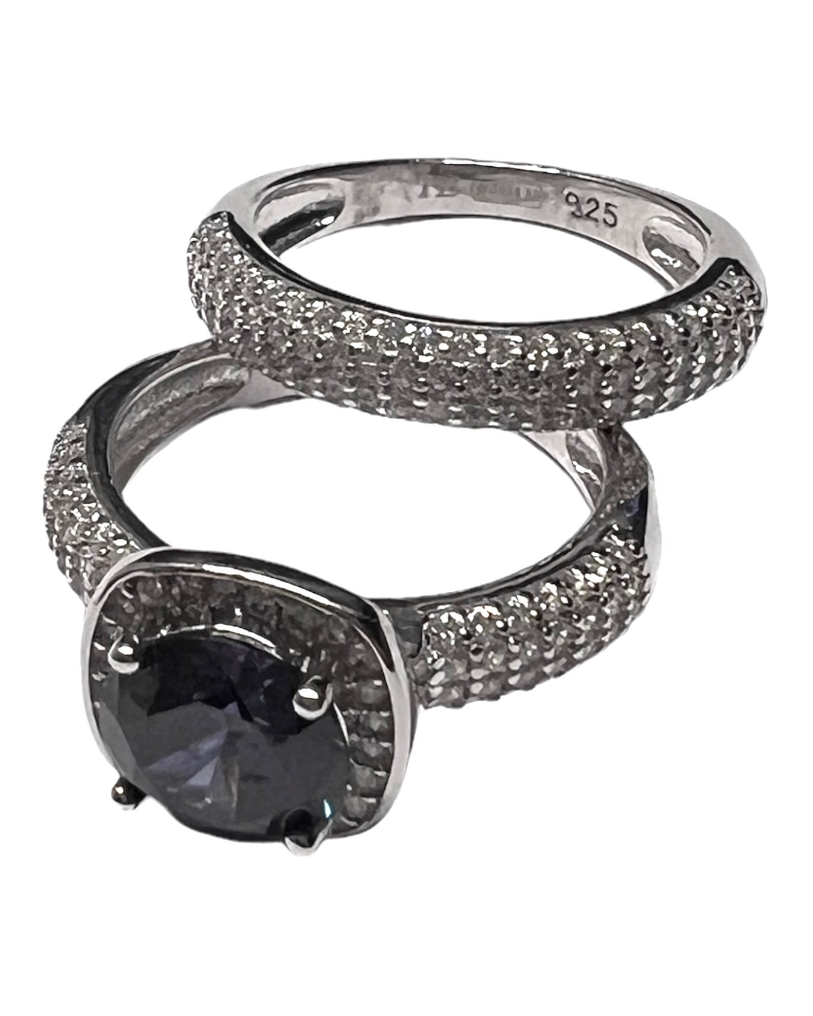 Blue Stone Solitaire Double Ring in Silver