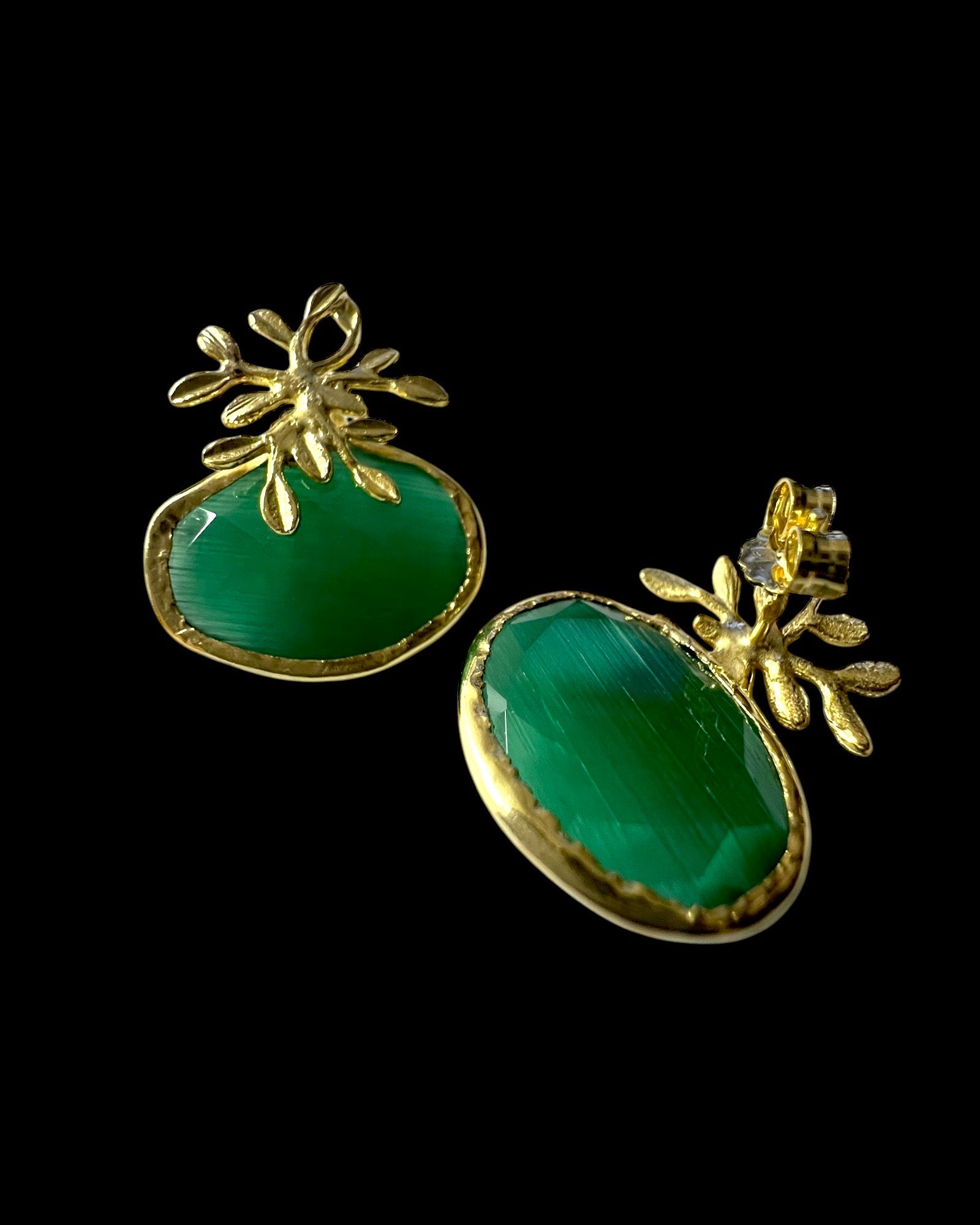 Leaf Earrings with Green Stone in Gold Plated Silver